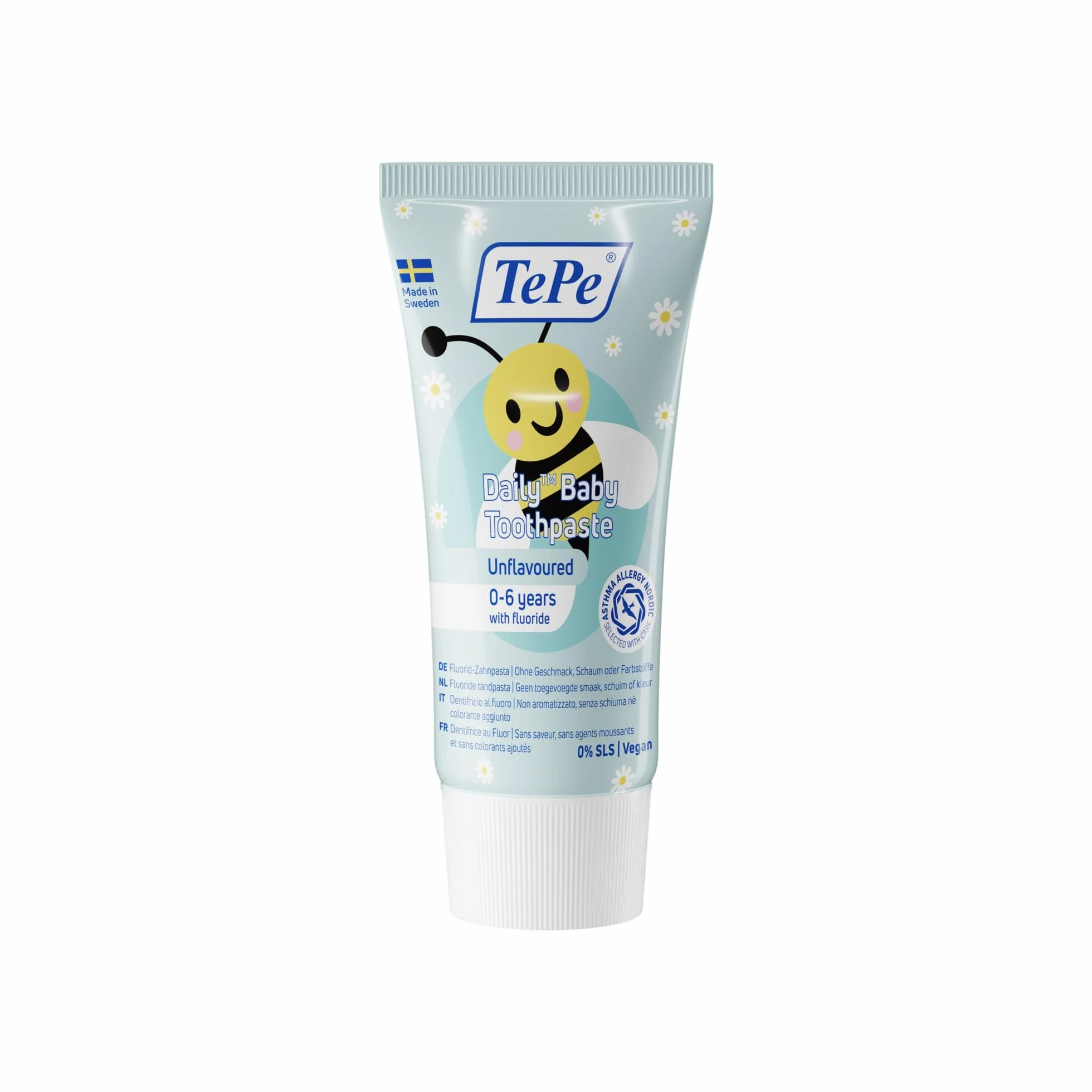 TePe Daily Baby Pasta do zębów bez perfum, 0-6 lat, pasta do zębów z fluorem do codziennego użytku, zapobieganie próchnicy, zawartość fluoru odpowiednia dla wieku.