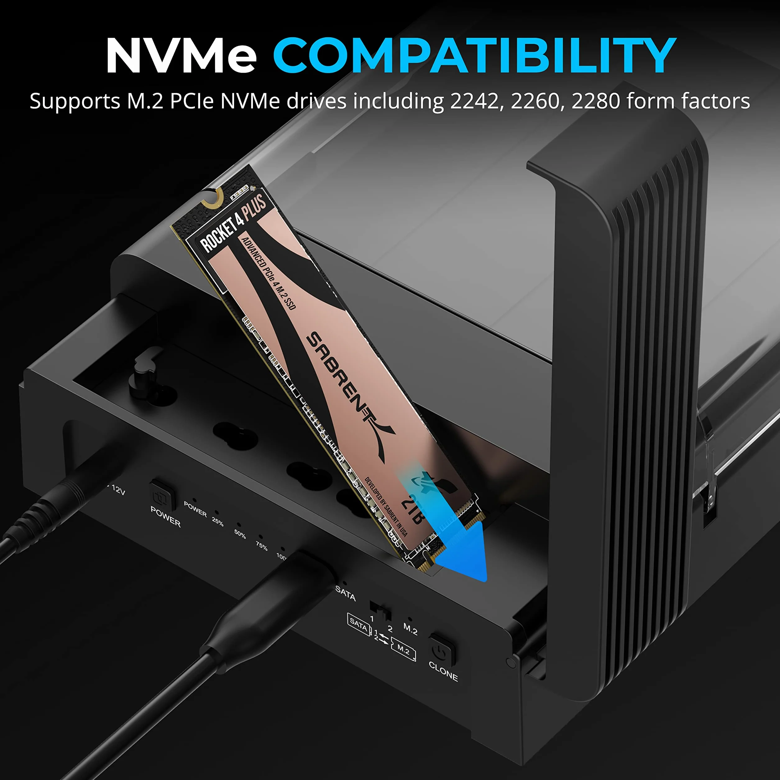 SABRENT M.2 SSD & HDD obudowa dysku twardego, 2,5" 3,5" SATA & M2 NVMe Dock, USB C 10 Gbps z klonowaniem offline (DS-UFNC)