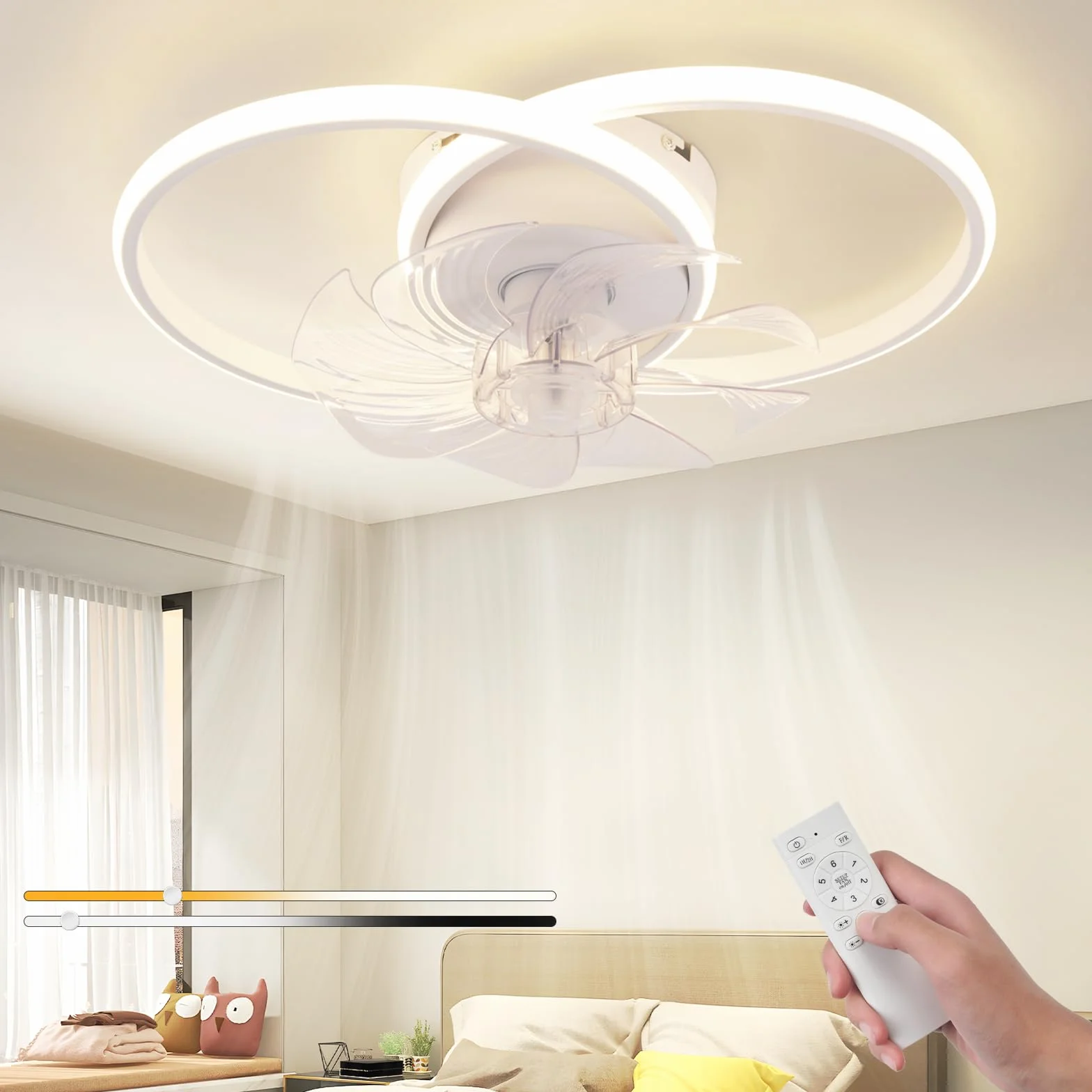 Homefire Wentylator sufitowy LED z oświetleniem – nowoczesny cichy wentylator sufitowy o mocy 36W z pilotem 3 temperaturami barwowymi i 6 prędkościami wentylacyjna do jadalni i pokoju dziecięcego