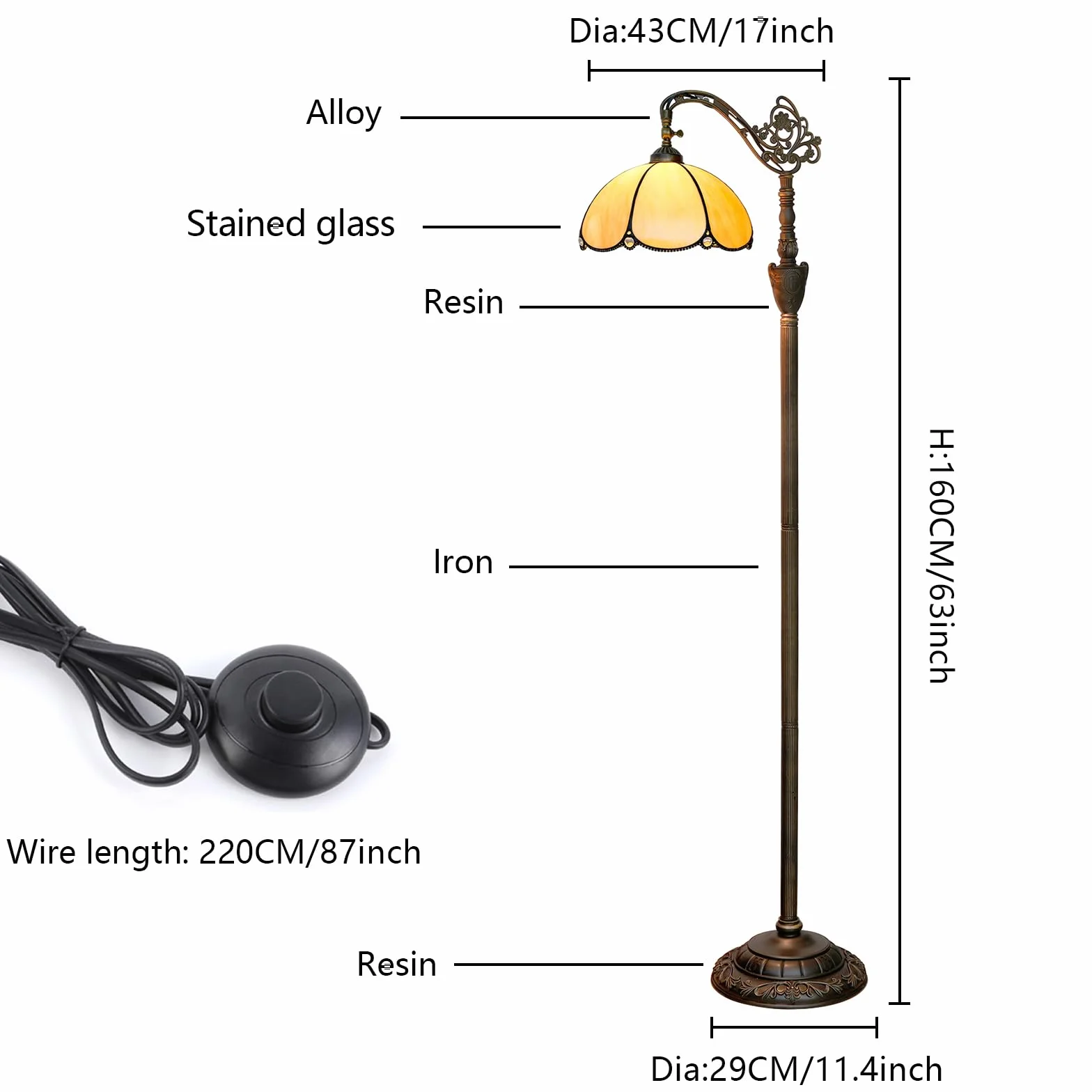 Tiffany Lampa stojąca z regulacją kąta witrażowego klosz w stylu rustykalnym z łabędzią szyją Lampa podłogowa Tiffany Style Stojąca lampa narożna 63 cale do domu salonu sypialni