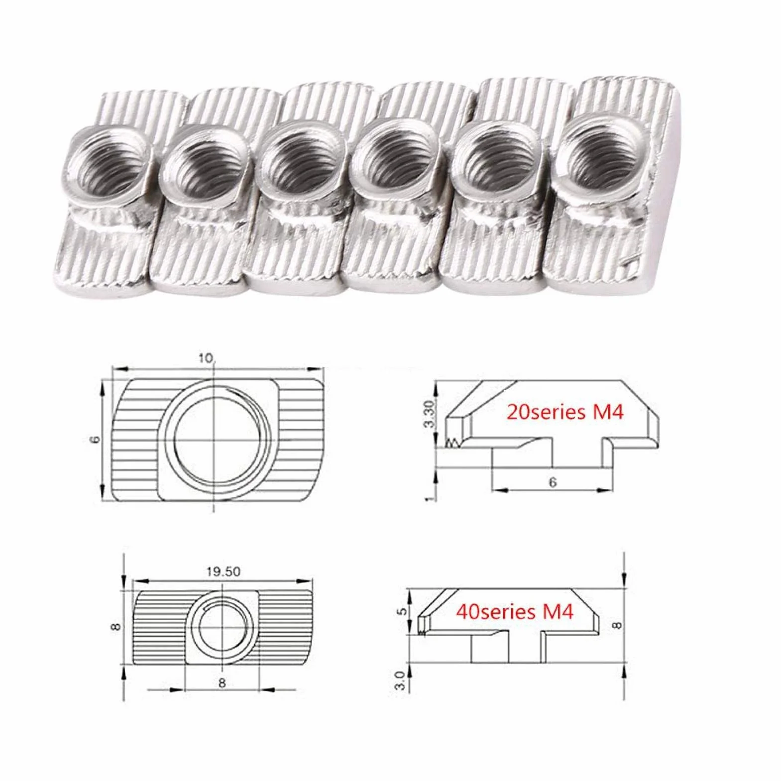 50 szt. nakrętka z łbem młota T-Slot T, ocynkowane zapięcie na nakrętkę ze stali węglowej do profilu aluminiowego (EU20-M4 * 10 * 6)