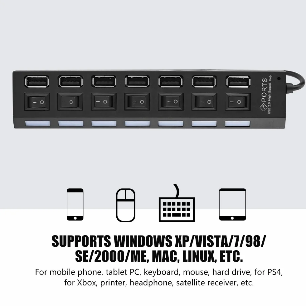 7-portowy hub USB 2.0 480 Mb/s koncentrator danych z przełącznikiem