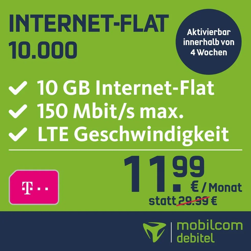 Internet płaski 10 000 w sieci telekomunikacyjnej (11,99 EUR miesięcznie, czas pracy 24 miesiące, 10 GB internet, LTE maks. 150 Mbit/s, roaming EU)