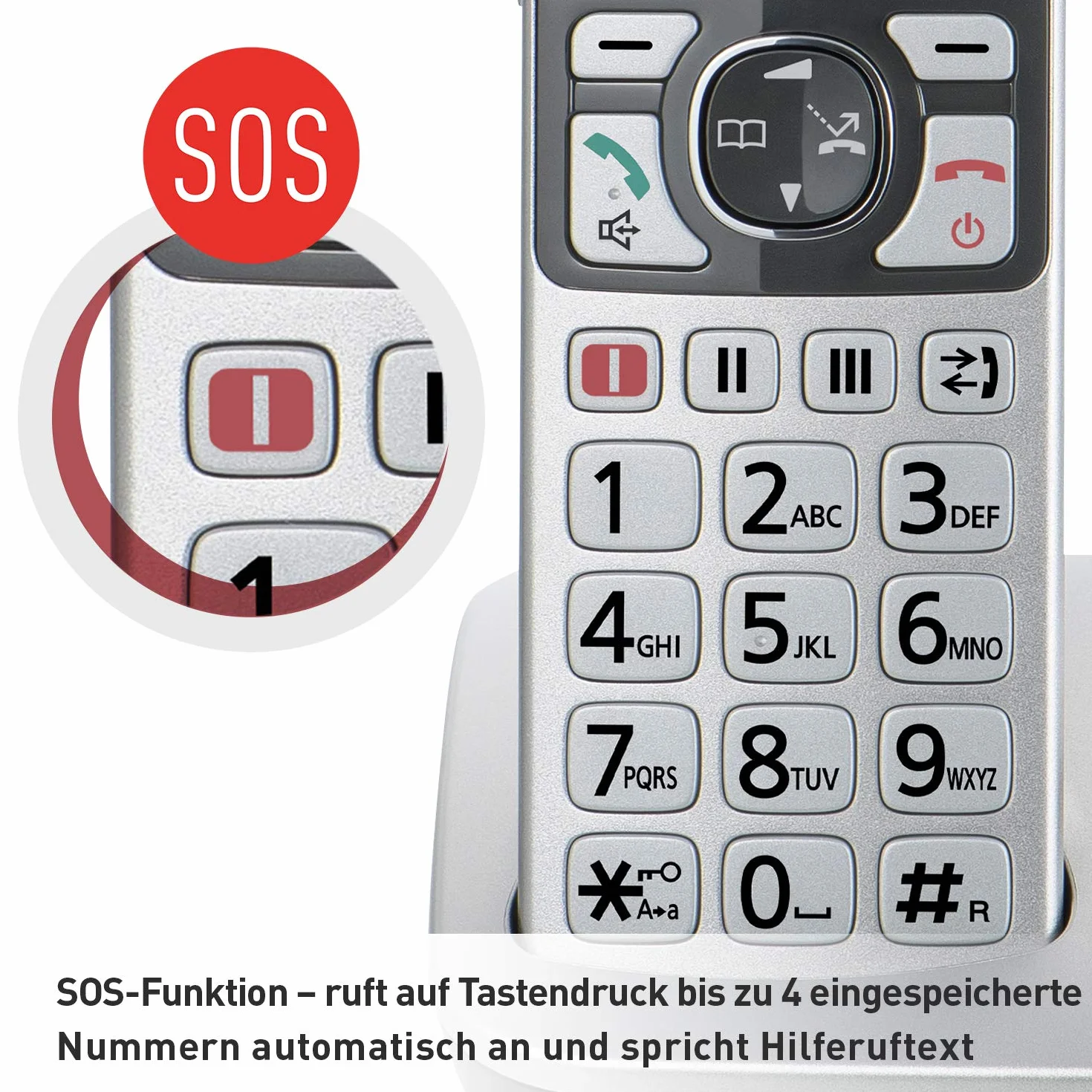 Panasonic KX-TGE522GS DECT telefon dla seniorów z połączeniem alarmowym, duże przyciski, automatyczna sekretarka, bezprzewodowy DUO, srebrno-czarny, 1.5 h rozmowa, 4.6 cm wyświetlacz