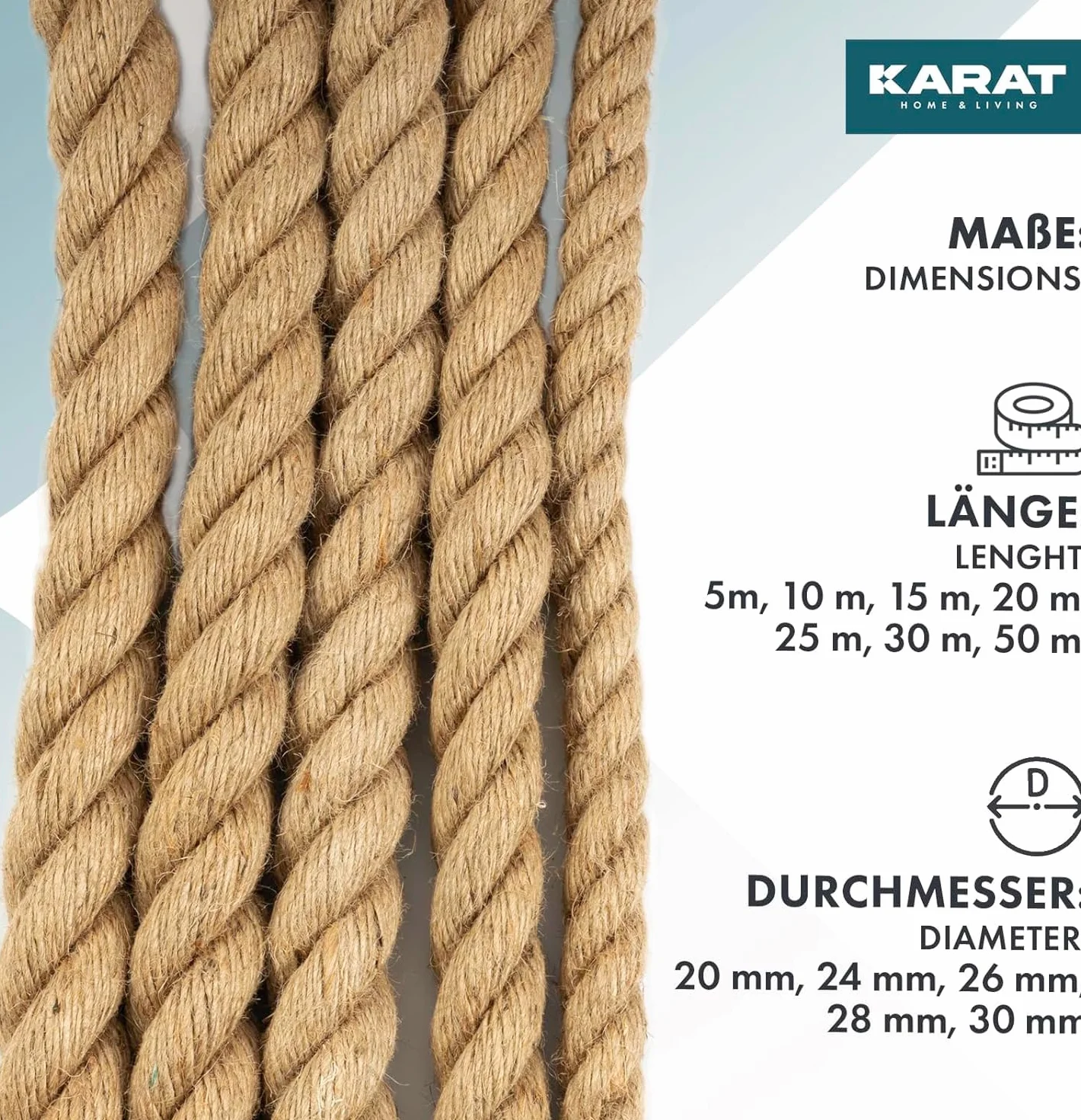 KARAT Sznurek jutowy o grubości 50 m, 30 mm, w 100% z naturalnej juty, bardzo mocny sznurek jutowy, do uprawiania sportu, dekoracji ogrodu, majsterkowania, drapania