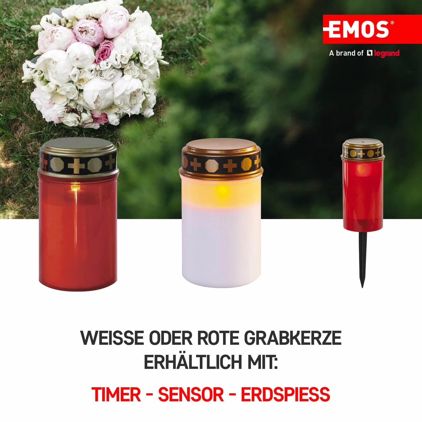 EMOS DCCV22 znicz LED, klasa ochrony IP44, do użytku na zewnątrz, czerwona lampa nagrobna na baterie, świeca cmentarna z prętem, żywotność 1500 godzin, tworzywo sztuczne, 7 x 12,5 cm, DCCV22