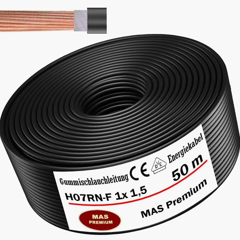 MAS Premium Przewód gumowy 5-500 m, kabel zasilający do budowy H07RN-F, 1 x 1,5, 4, 6, 10, 16, 25, 35, 50 i 2 x 1, elastyczny przewód do ciężkich urządzeń (H07RN-F 1 x 1,5 mm², 50 m)