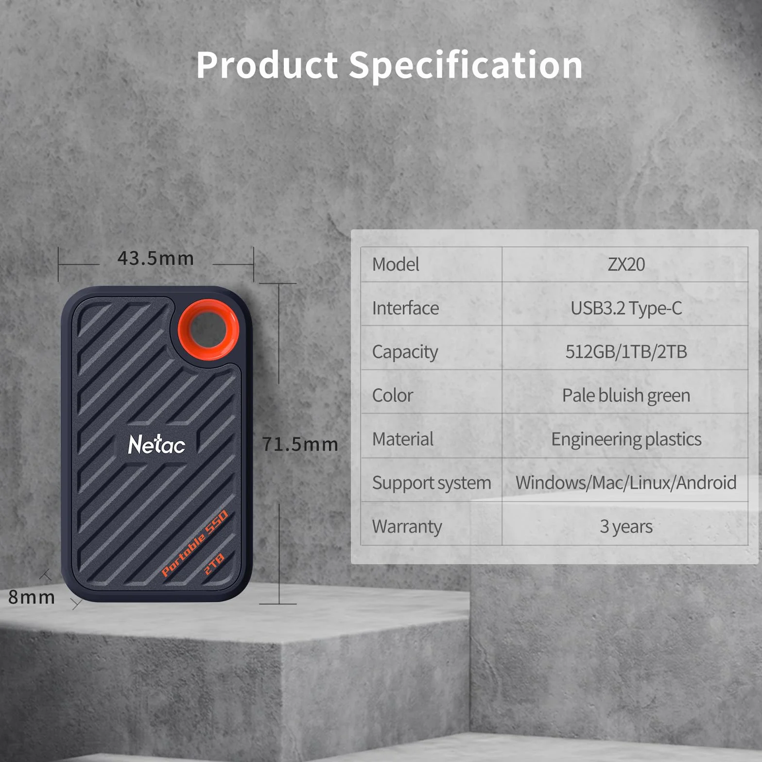 Netac ZX20 przenośny dysk SSD 2 TB, przenośny, 2 TB (do 2000 MB/s odczytu i zapisu, odporny na wstrząsy, szyfrowanie AES, odporny na wodę i kurz), szary