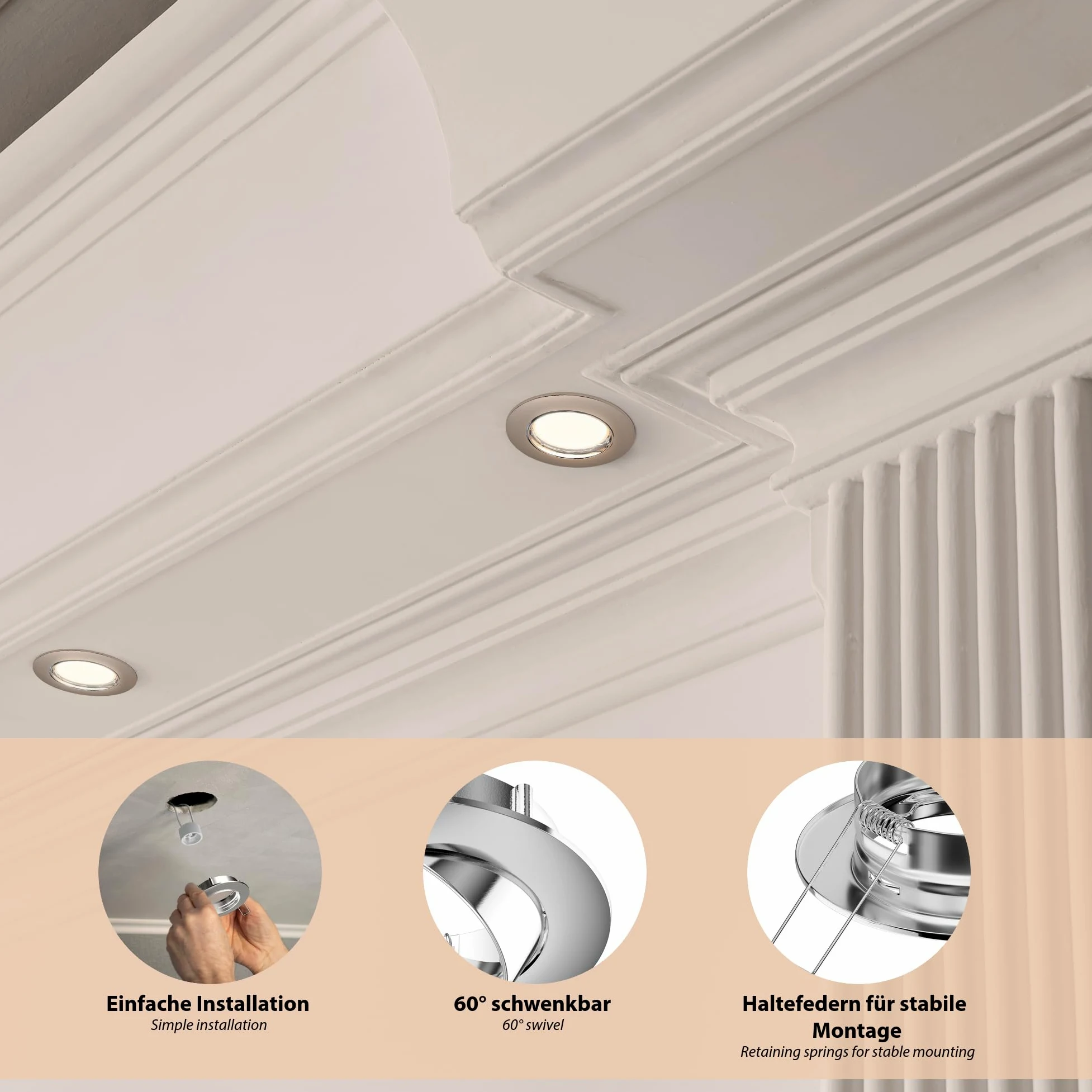 ledscom.de Reflektor wpuszczany LED DEX chrom matowy obrotowy GU49,14W każdy 450lm ciepłobiały okrągły 84mm Ø krąg śrubowy ok. 72-80mm Ø Zestaw 10 szt.