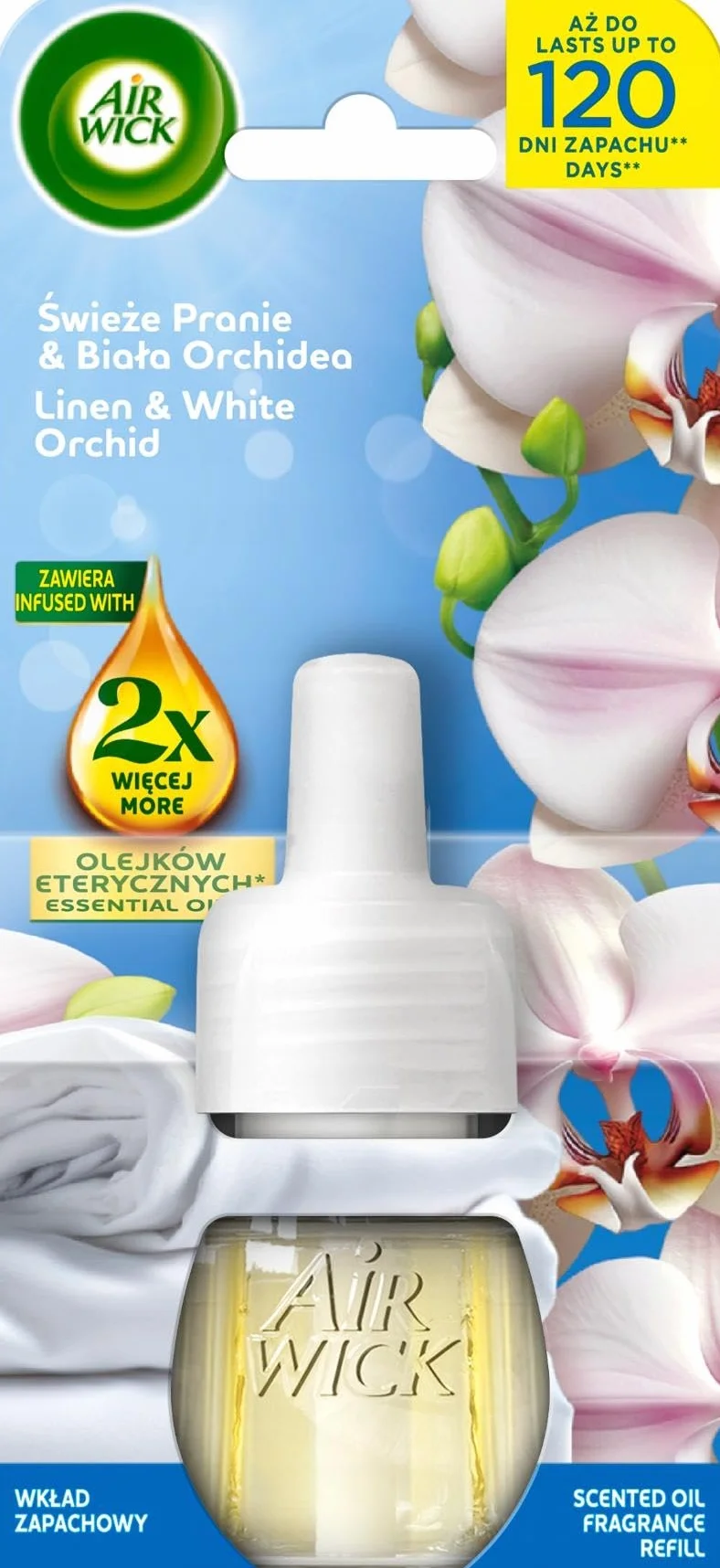 Air Wick Elektryczny Odświeżacz Powietrza, Wkład, Świeże Pranie i Biała Orchidea, 19 ml, Naturalny, 120 Dni Zapachu