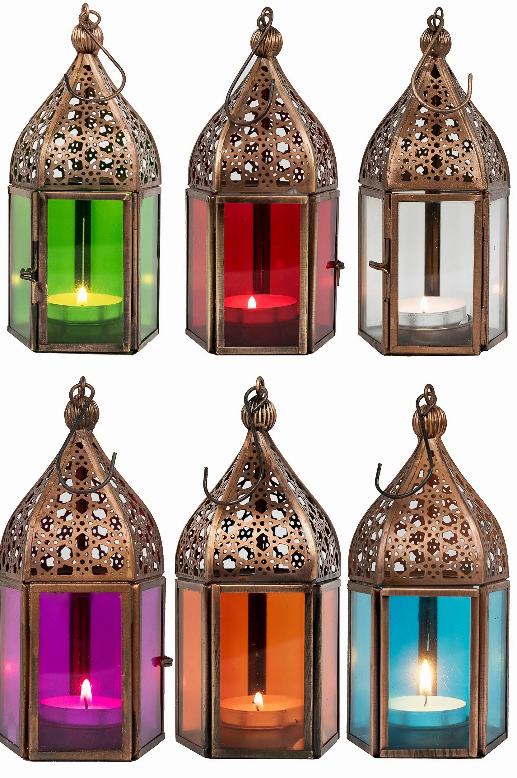 Orientalne latarnie Meena zestaw 6 kolorowych lampionów 16 cm | 6 x orientalne lampiony z metalu i szkła w 6 kolorach | marokańska szklana latarnia do użytku na zewnątrz jako latarnia ogrodowa