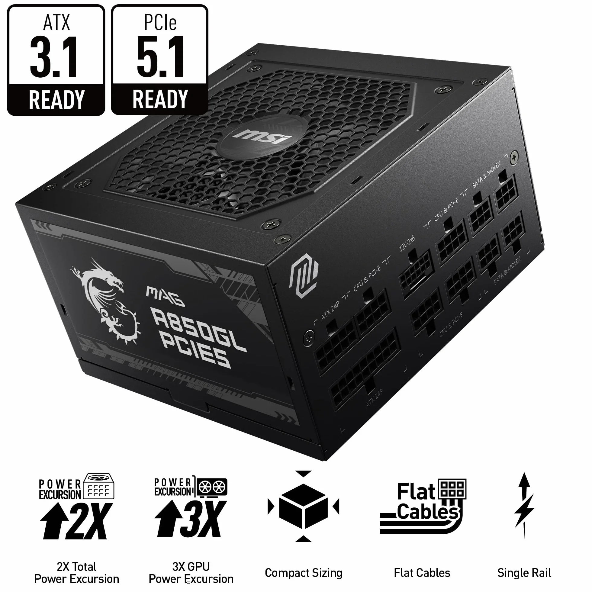 MSI MAG A850GL PCIE 5 ATX 3.0 zasilacz gamingowy 850W 80 Plus Gold modułowy