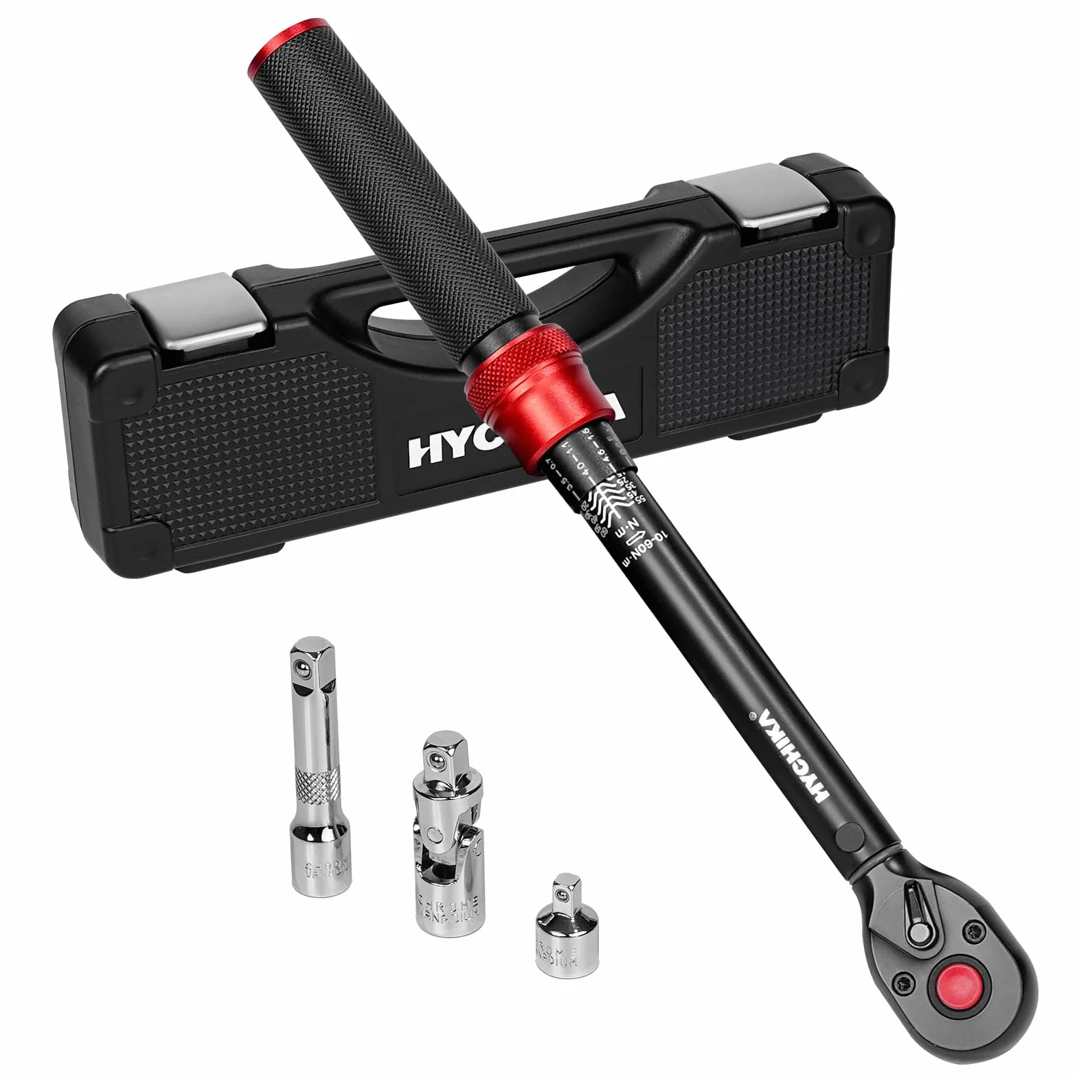 HYCHIKA klucz dynamometryczny 3/8", 10-60 Nm, dokładność ± 2%, 72 zęby, zestaw kluczy dynamometrycznych do samochodu, motocykla, roweru, adaptera 3/8 na 1/4, przegub kardanowy, drążek przedłużający 75