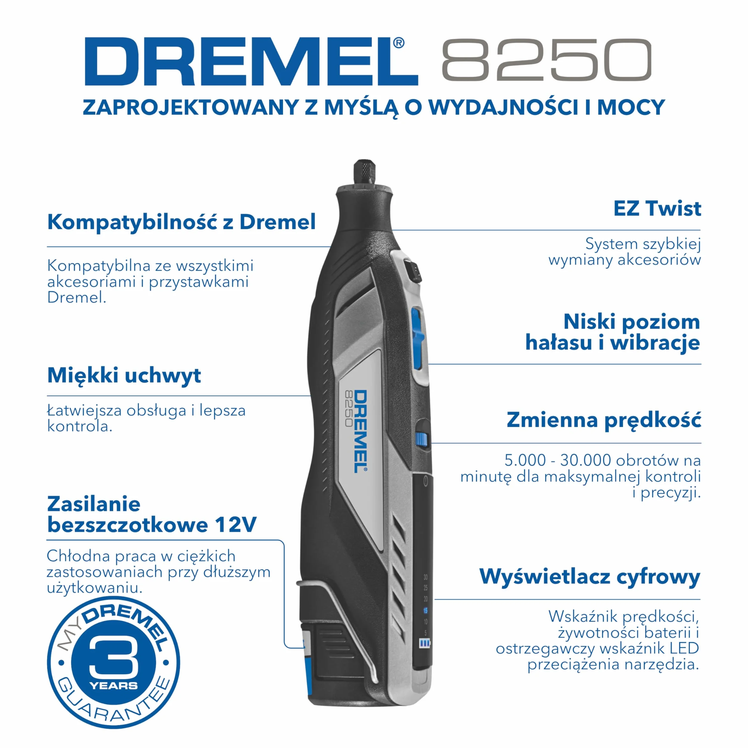 Dremel 8250 12V akumulatorowe narzędzie obrotowe 5.000-30.000 obr/min bezszczotkowy zestaw narzędzi wielofunkcyjnych z miękkim etui, 5 akcesoriami, frezowania, grawerowania, ścinania, napraw/DIY