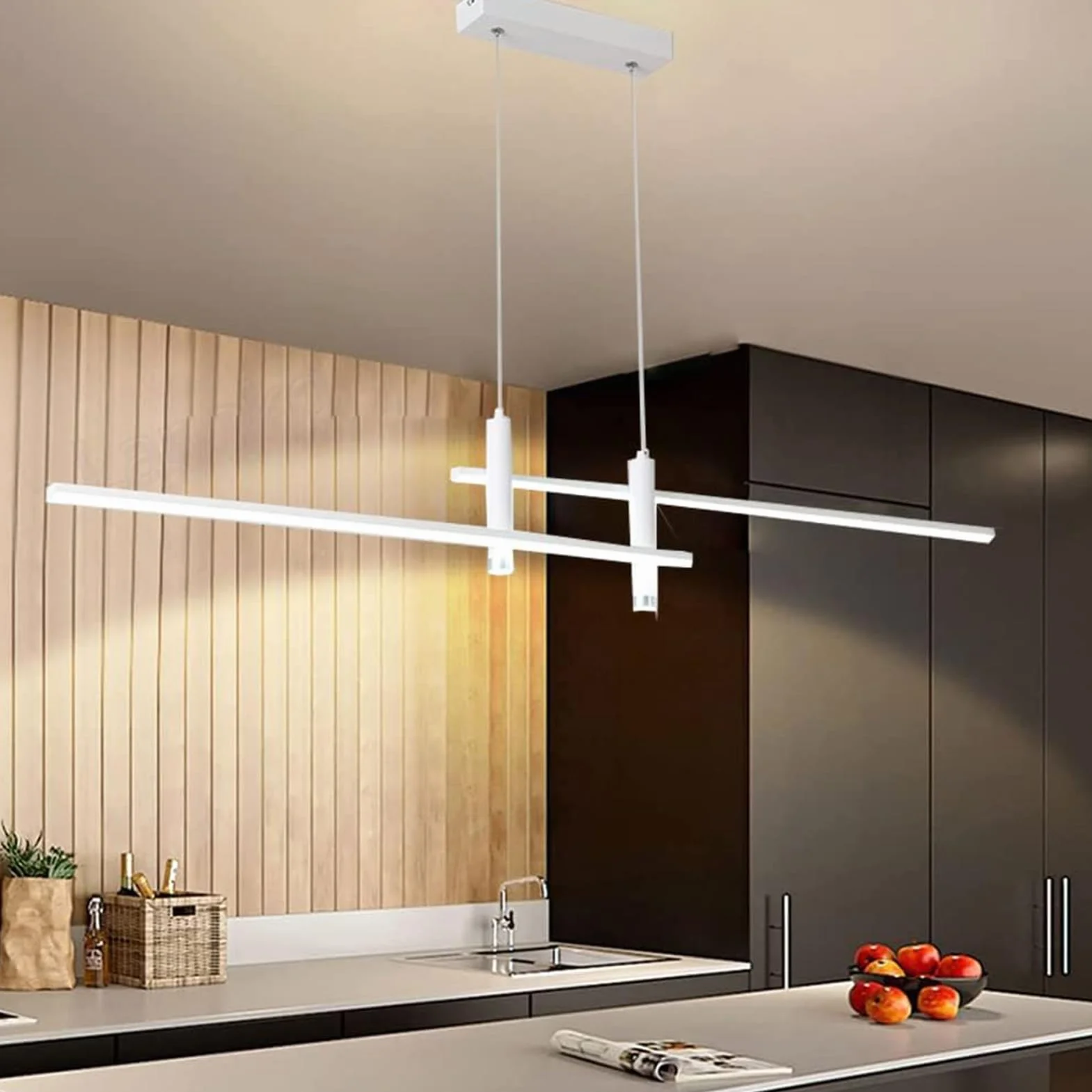 Nowoczesna lampa wisząca LED do jadalni i jadalni – ściemniana, regulacja wysokości za pomocą pilota zdalnego sterowania – lampa wisząca do kuchni, biura, salonu – żyrandol o liniowym