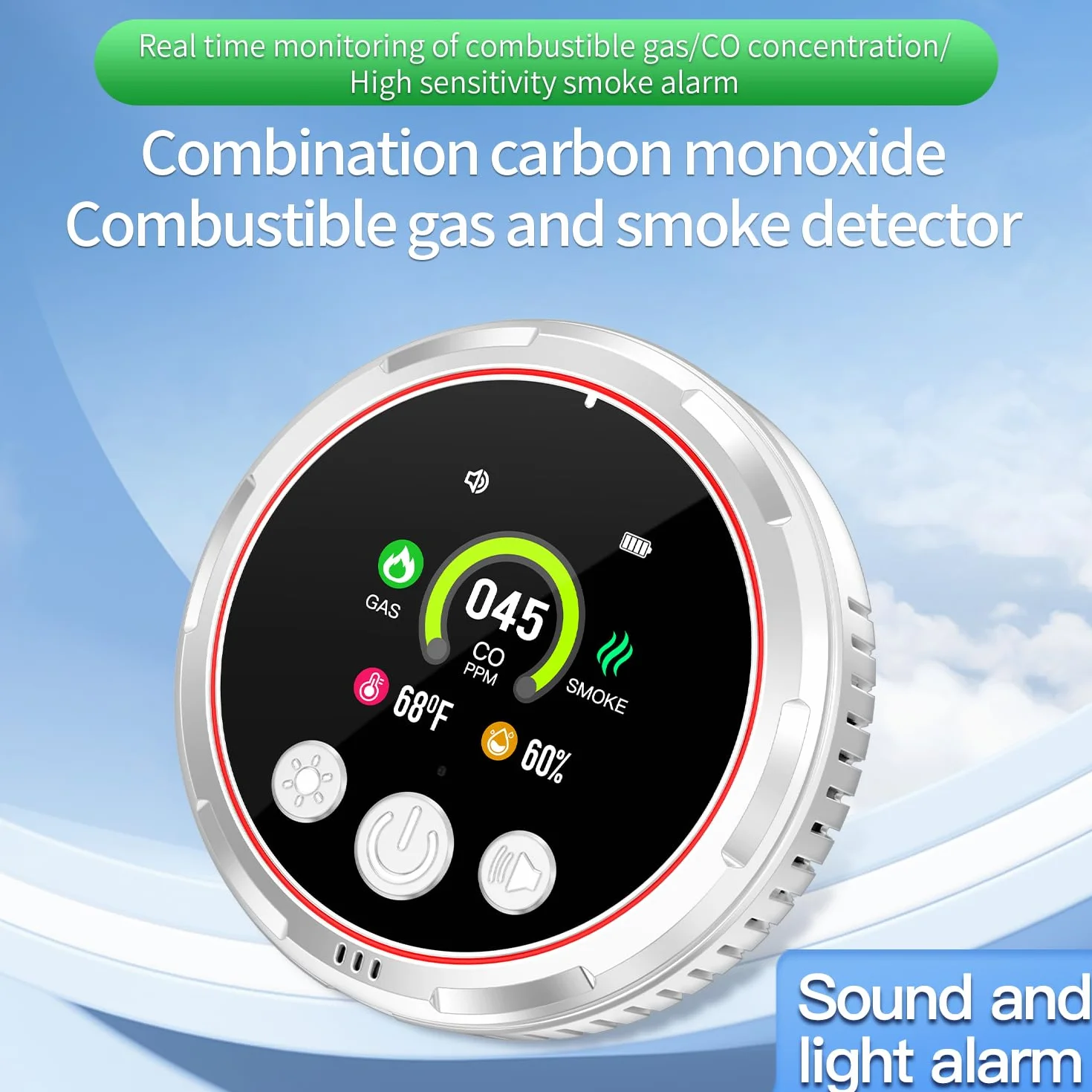 Plug-in 5-w-1 Wykrywacz Czujnik Dymu Tlenku Węgla Kombinacja Detektora Gazu, z Akumulatorem 1000mAh, ekran HD 2.1'' [CO Monitor temp wilgotności gazu dymu] dla Domowego, Biały, HD13-CGS