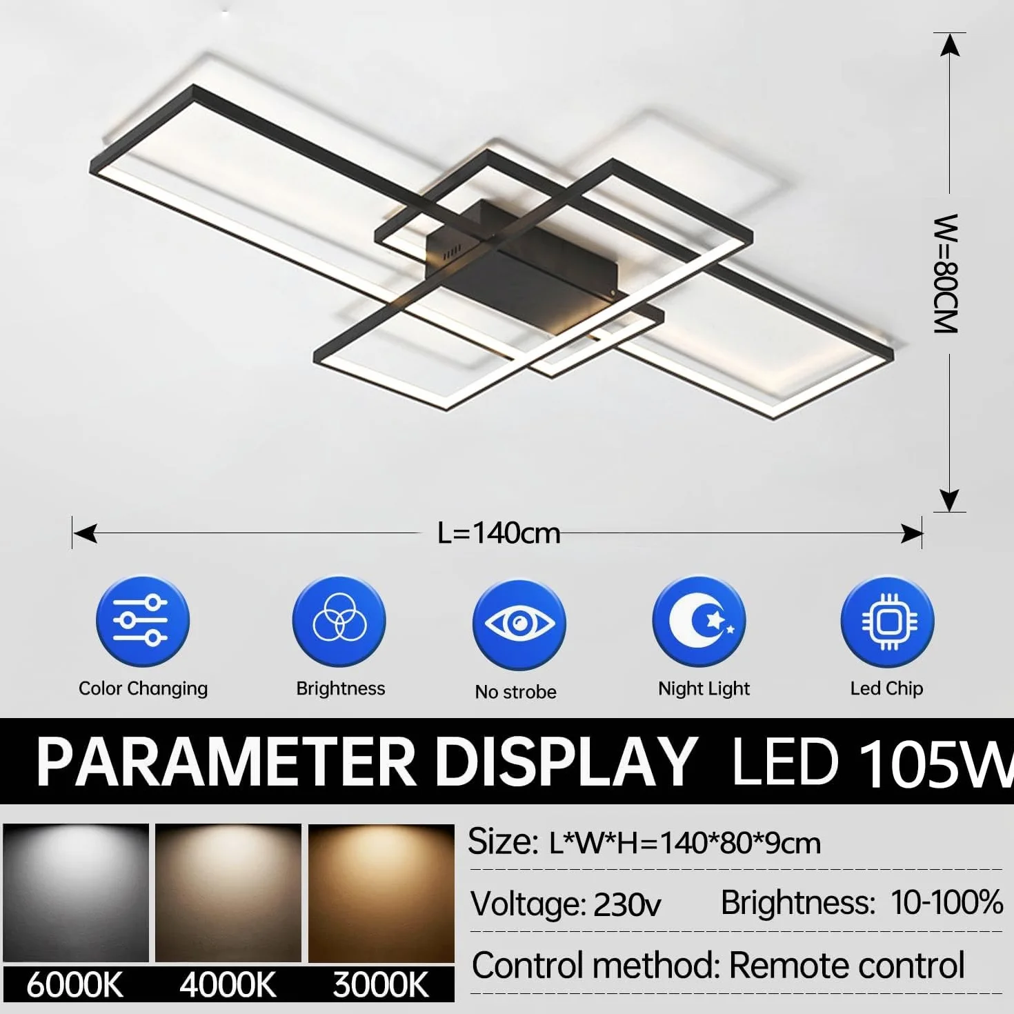 Nowoczesna Lampa Sufitowa Czarna 105W z Pilotem 3000K-6000K 140cm