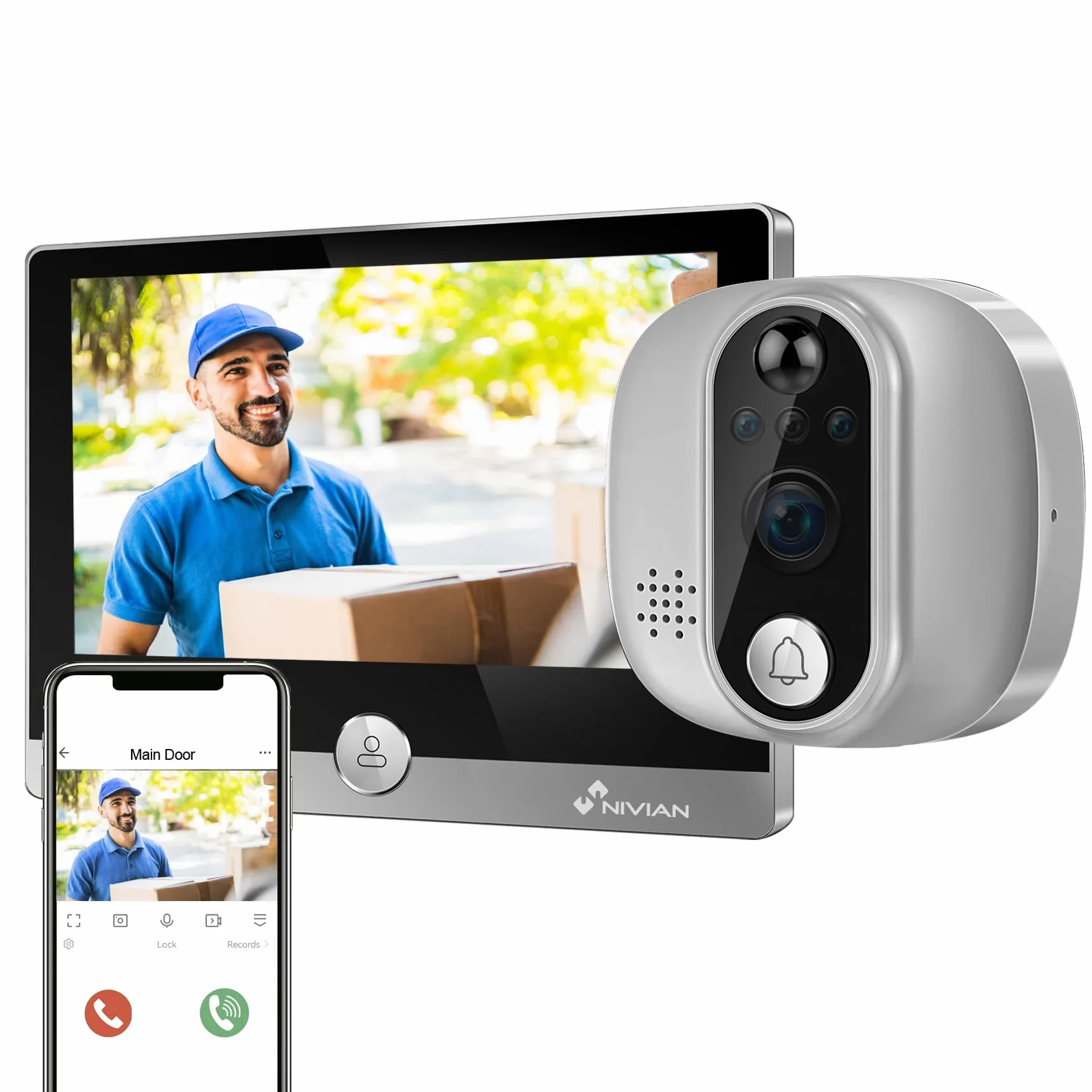 NIVIAN Wizjer cyfrowy WiFi - Kamera wideo Full HD z baterią i dzwonkiem, dwukierunkowym dźwiękiem, wykrywaniem PIR i noktowizorem | Sterowanie aplikacją i smartfonem