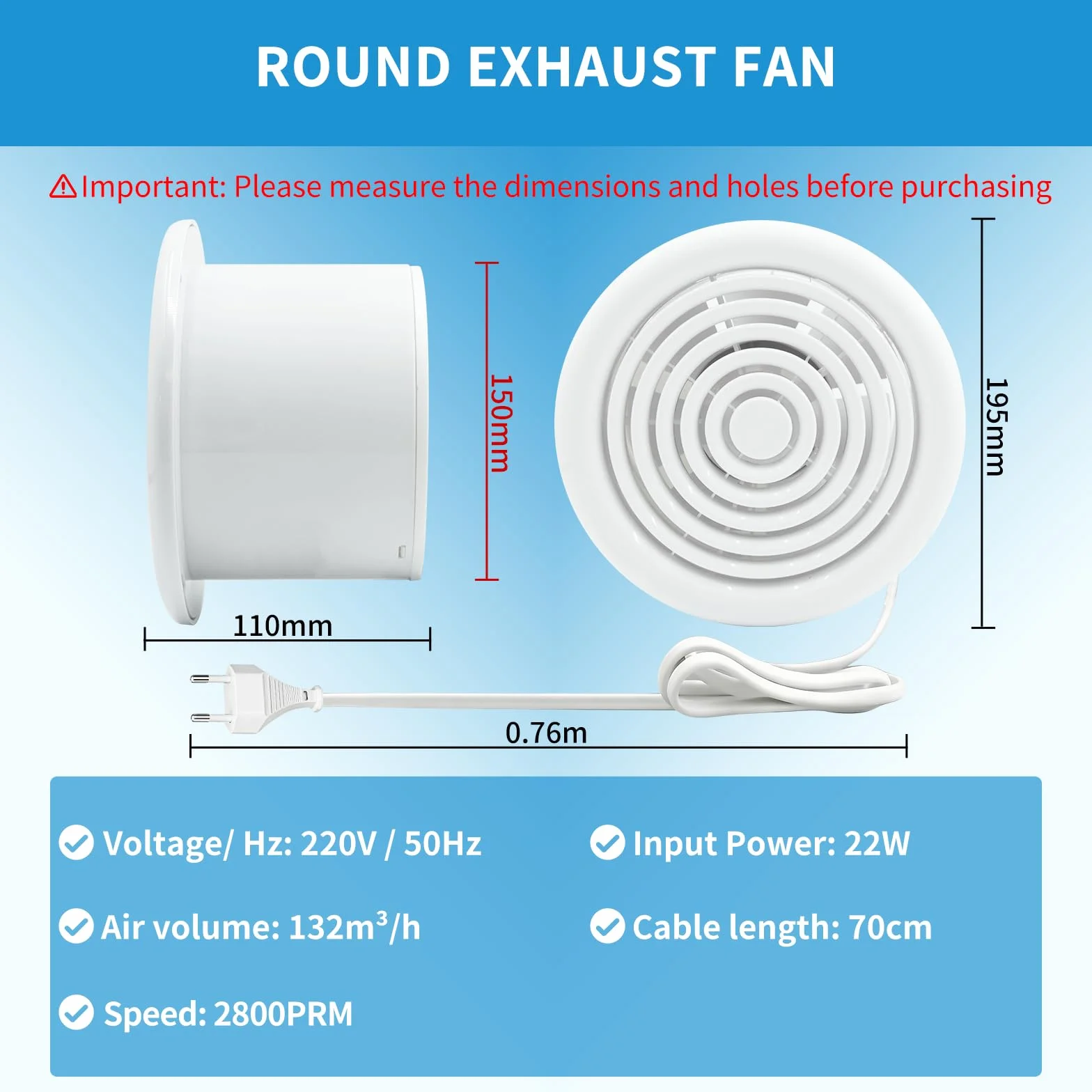 FanGoFast Wentylator łazienkowy, 150 mm, cichy, z klapą zwrotną, 210 m³/h, 22 W, wydajny wentylator ścienny do kuchni, łazienki, WC, szklarni, garażu