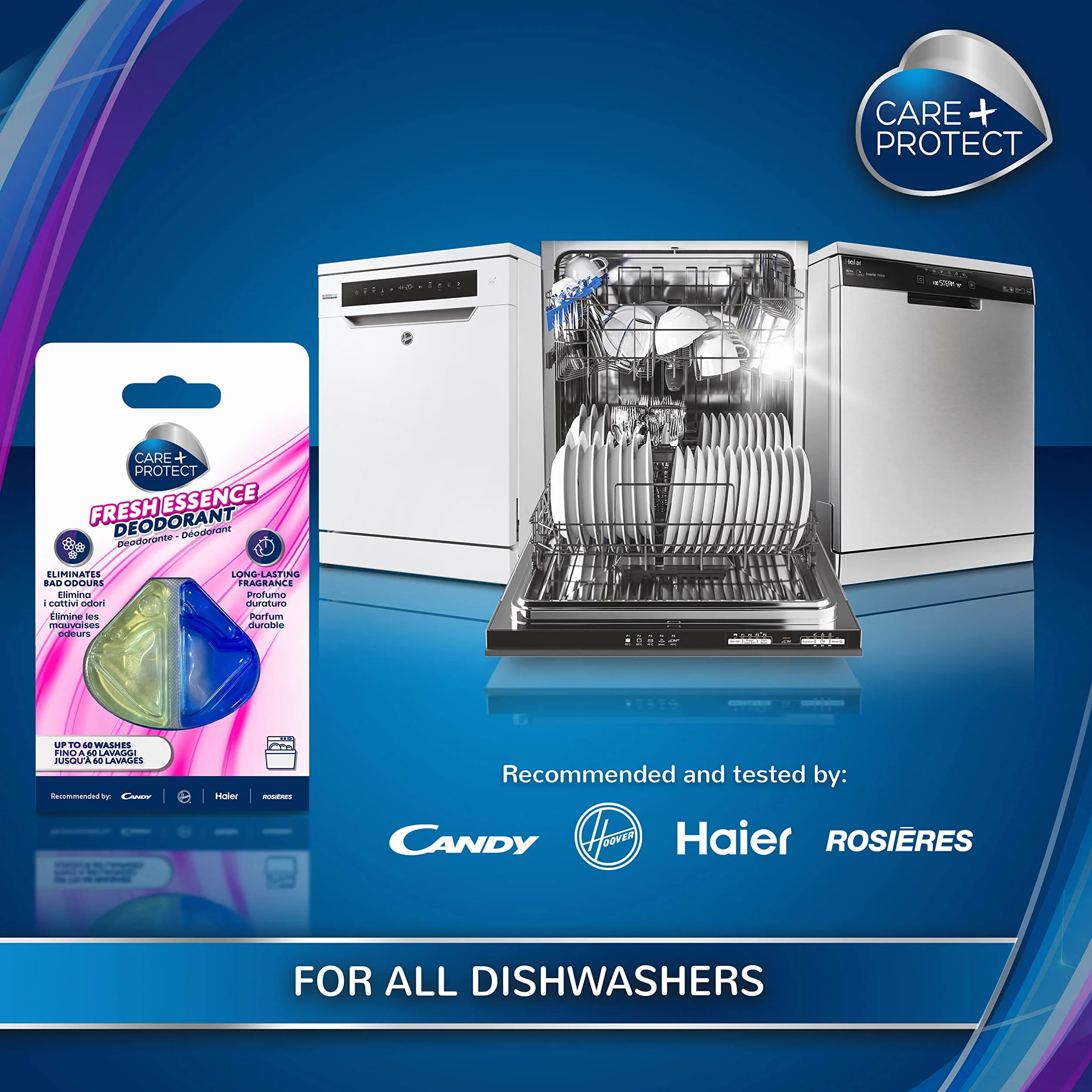 CARE + PROTECT Fresh Essence uniwersalny dezodorant do zmywarki, eliminuje nieprzyjemne zapachy, długotrwały zapach, 1 powłoka, do 60 prań