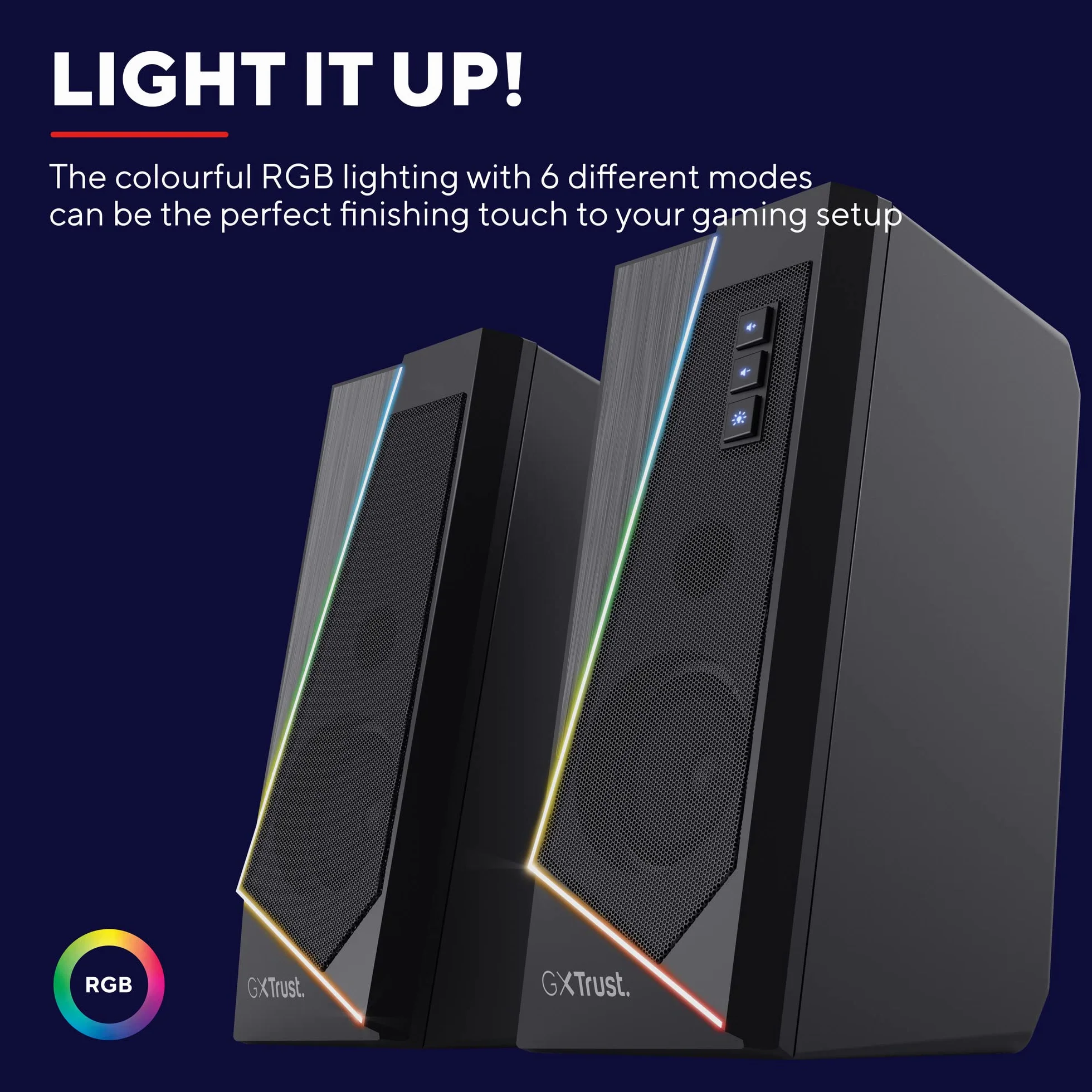Trust Gaming GXT 609 Zoxa 2.0 głośniki PC stereo, moc szczytowa 12 W, zestaw podświetlanych głośników RGB, system dźwiękowy zasilany przez USB, 3,5 mm Aux, regulacja głośności, do PC i laptopa, czarny