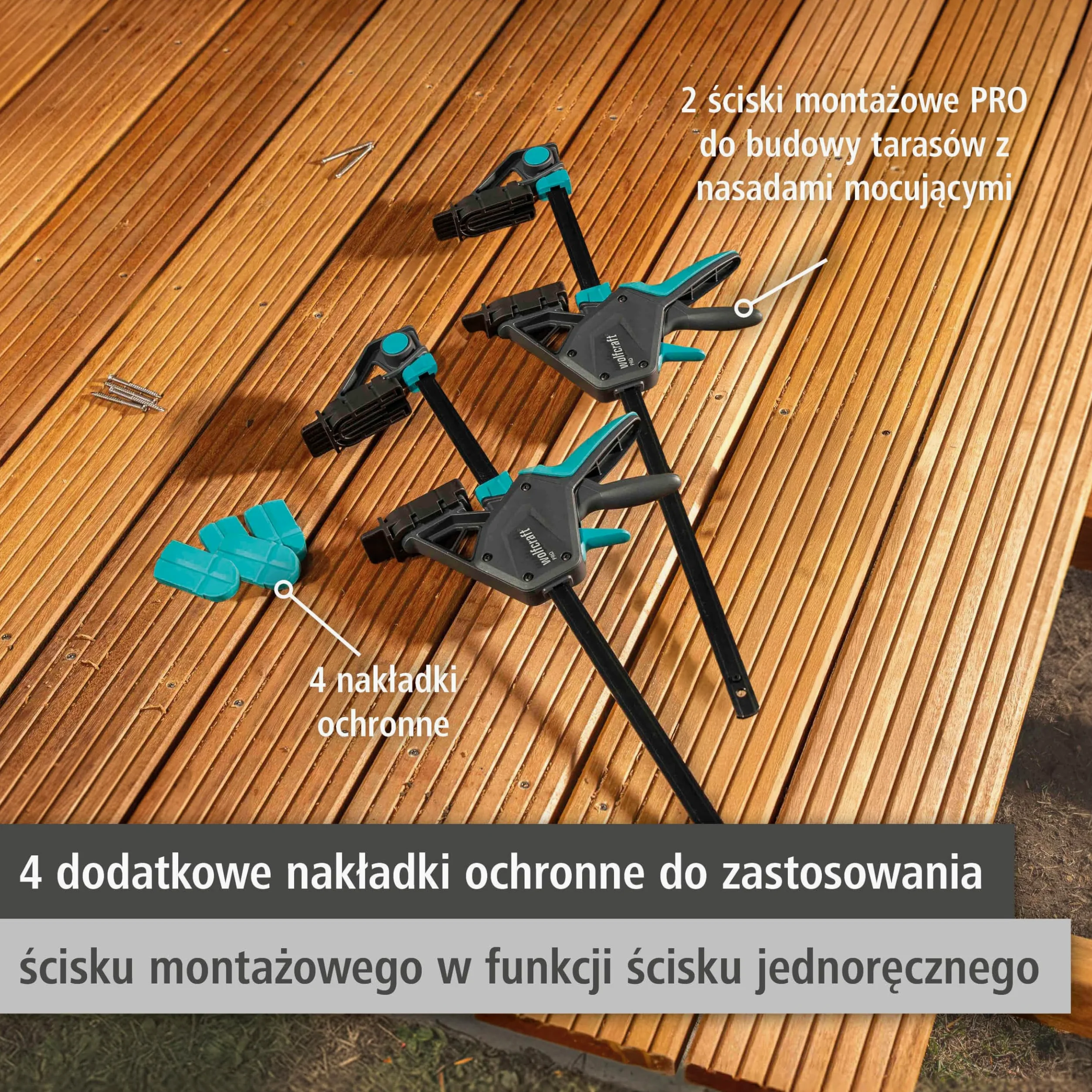 wolfcraft 2 zaciski montażowe PRO – do dokładnego ustawiania i mocowania desek tarasowych przed i podczas wkręcania – 8679060