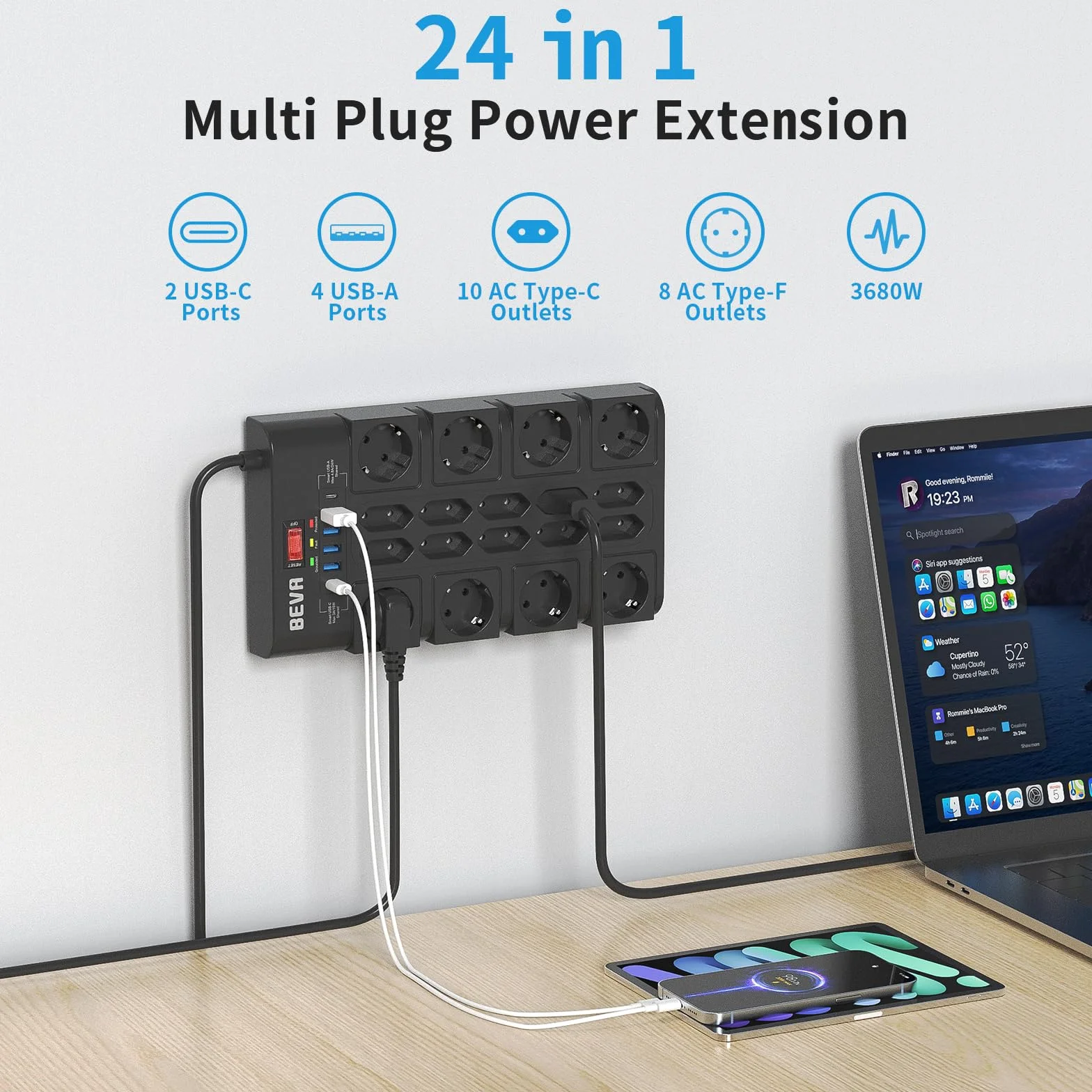 BEVA Listwa Zasilająca 3680W 16A 18 Gniazd AC 4xUSB-A 2xUSB-C Złodziej Wtyczka 2M