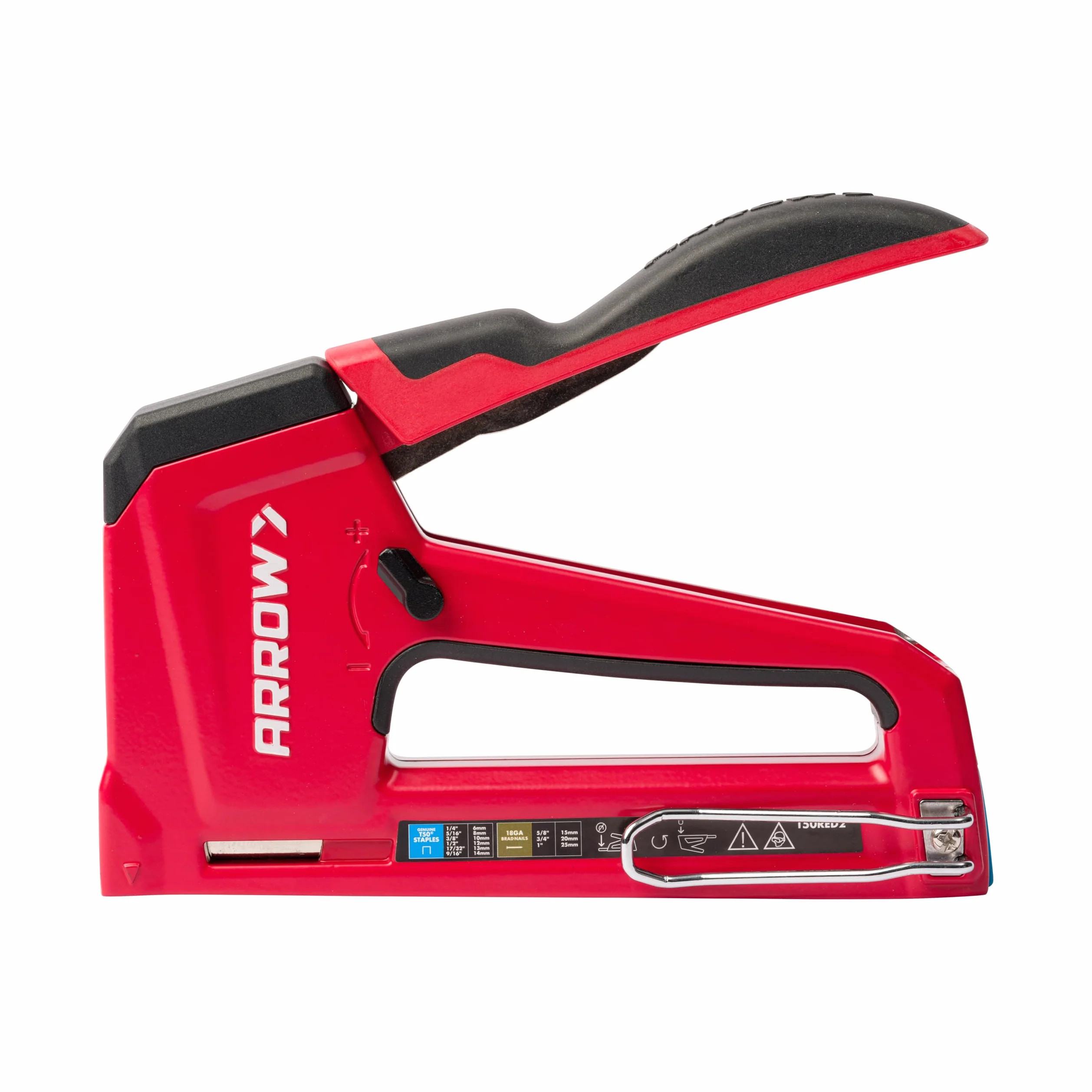 Arrow T50RED2 Wytrzymały ręczny pistolet do zszywania 2 w 1 i gwoździarka do tapicerki, ramy, izolacji, rzemiosła i mebli, czerwony