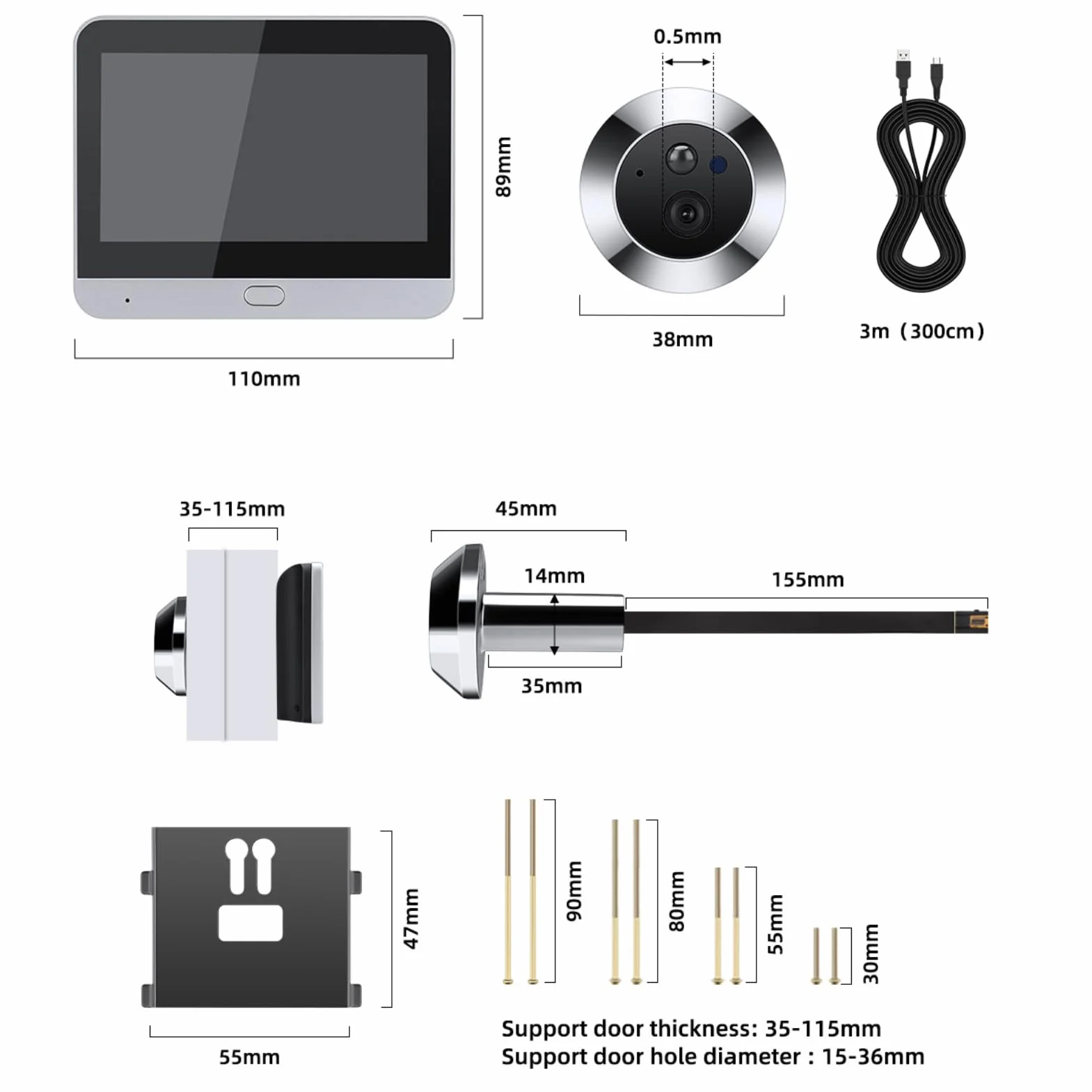 Bezprzewodowy Cyfrowy Wizjer do Drzwi, Cyfrowa Kamera Bezpieczeństwa LCD 1080P z Monitorem 4,3 Cala, Wizjer 120 Stopni, Noktowizor na podczerwień, Wykrywanie Ruchu, Dwukierunkowy