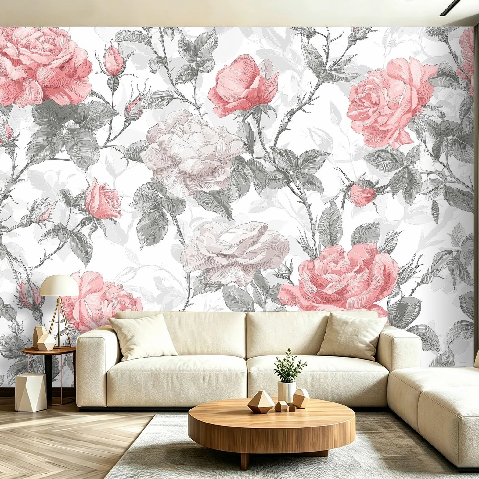 Fototapeta 300 x 210 cm ściany dekoracja salonu kobiety vintage różowy cierń liście do sypialni salonu tapeta z włókniny, różowy szary