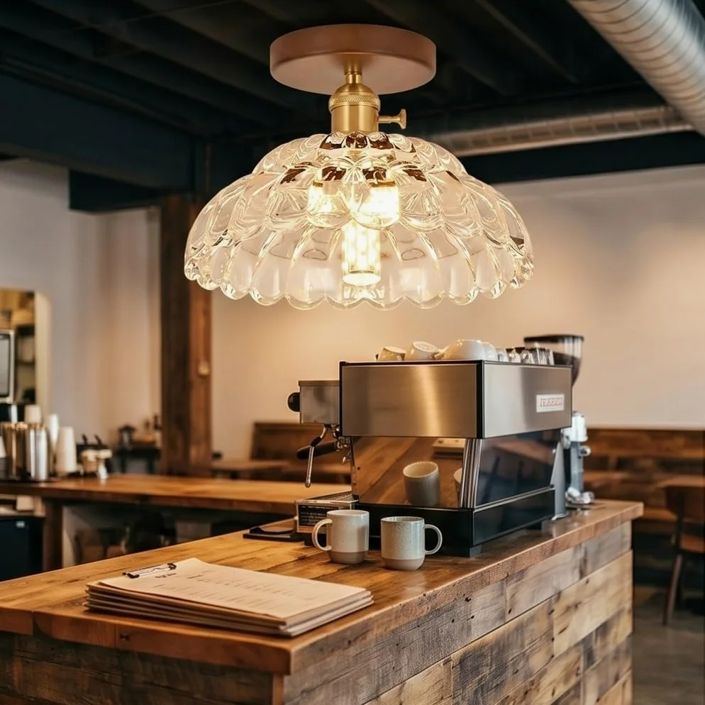 Nowoczesna lampa sufitowa ze szkłem, półwpuszczany żyrandol w stylu vintage, z podstawą z drewna orzechowego, zapiekanka lampa sufitowa z połowy wieku do przedpokoju, przedpokoju, garderoby, sypialni