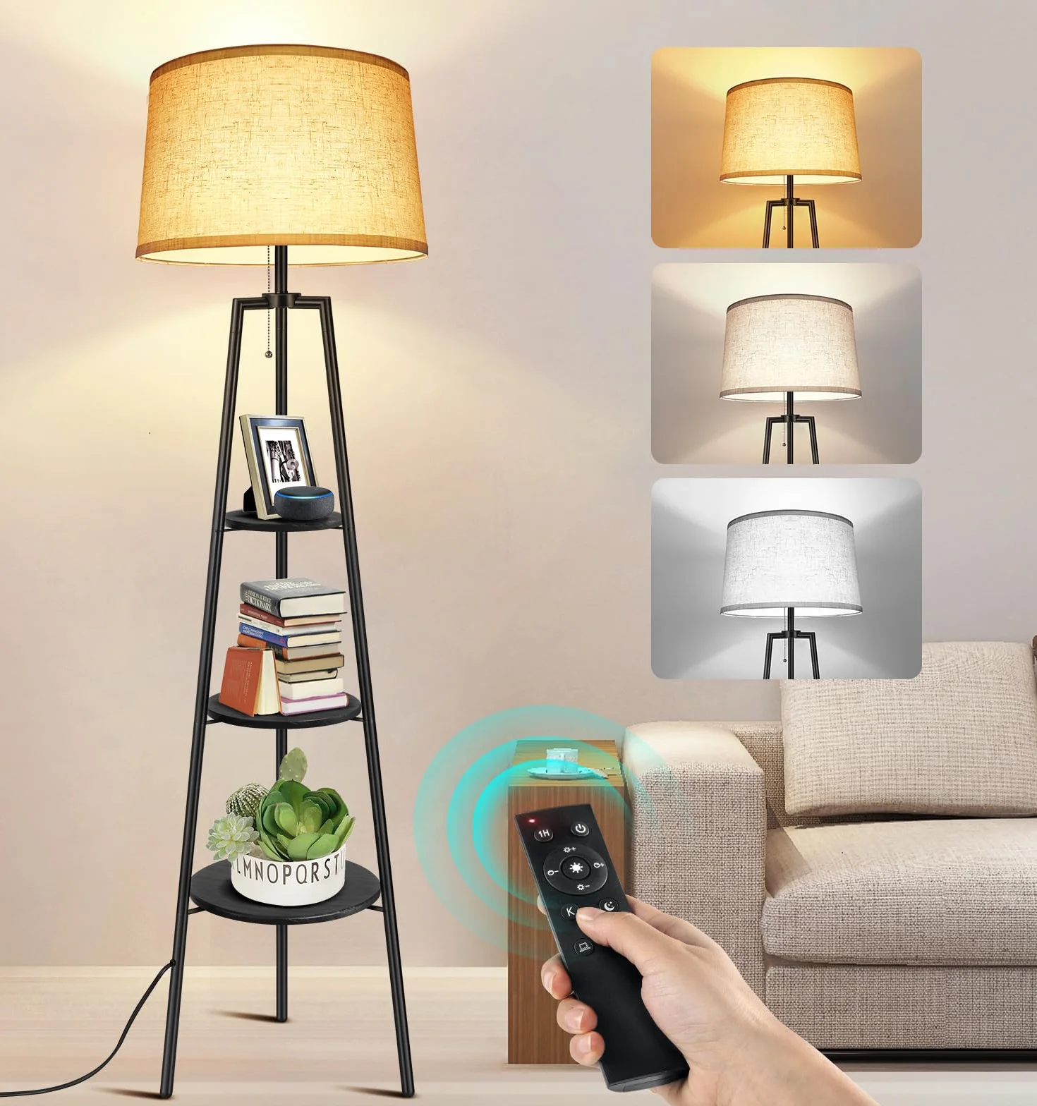 OUTON Lampa Stojąca Do Salonu Trójnóg z 3 Półkami | Lampa Stojąca z Regulacją Jasności za Pomocą Pilota, 4 Temperatury Barwowe, Timer, Czarna, Biura