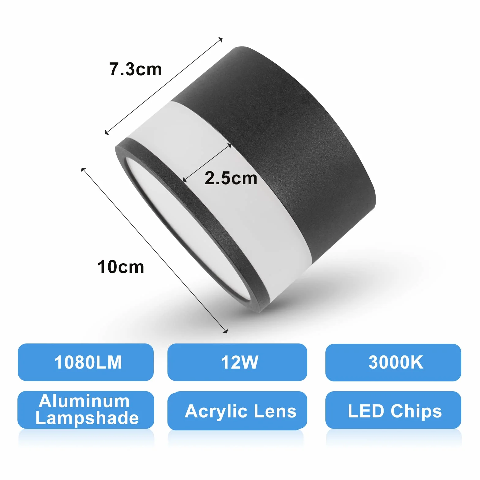 Punktowy Plafon LED 12W Barwa Ciepła Biała Okrągły IP65 Kolor Czarny Montaż Natynkowy Bez Wiercenia CRI82 Design Minimalistyczny Do Łazienki Korytarza Przedpokoju Kuchni Na Zewnątrz Średnica 10 cm