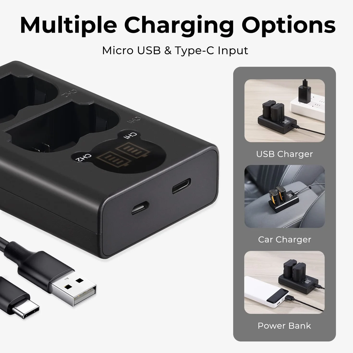 K&F Concept Ładowarka NP-FZ100 Dual Slot LED, Micro USB Type-C do Sony A7 III A7R III A9
