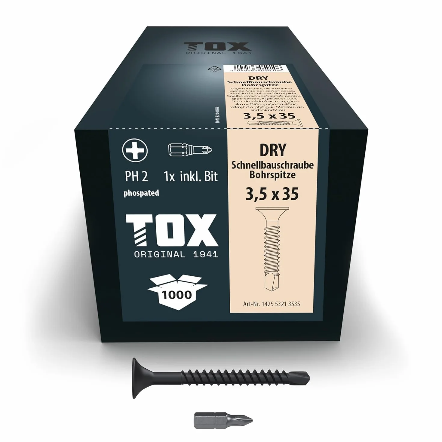 TOX Wkręty do szybkiego montażu DRY BS 3,5 x 35 mm, śruby czarne fosforanowane z gwintem drobnym + końcówka wiertnicza, płyta gipsowo-kartonowa na metalowej konstrukcji podstawy, PH2, 1000 sztuk, w