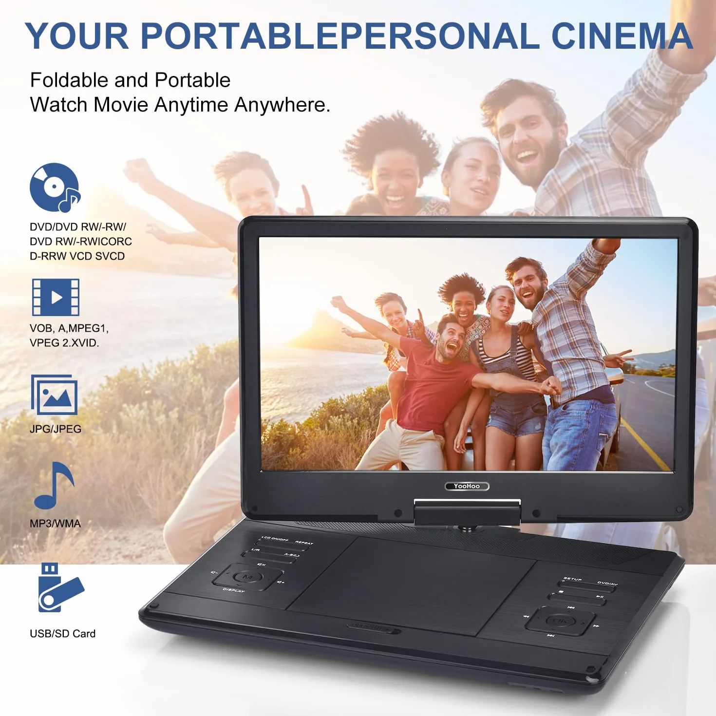 YOOHOO Przenośny odtwarzacz DVD 16,9" z dużym ekranem obrotowym 14,1" czarny