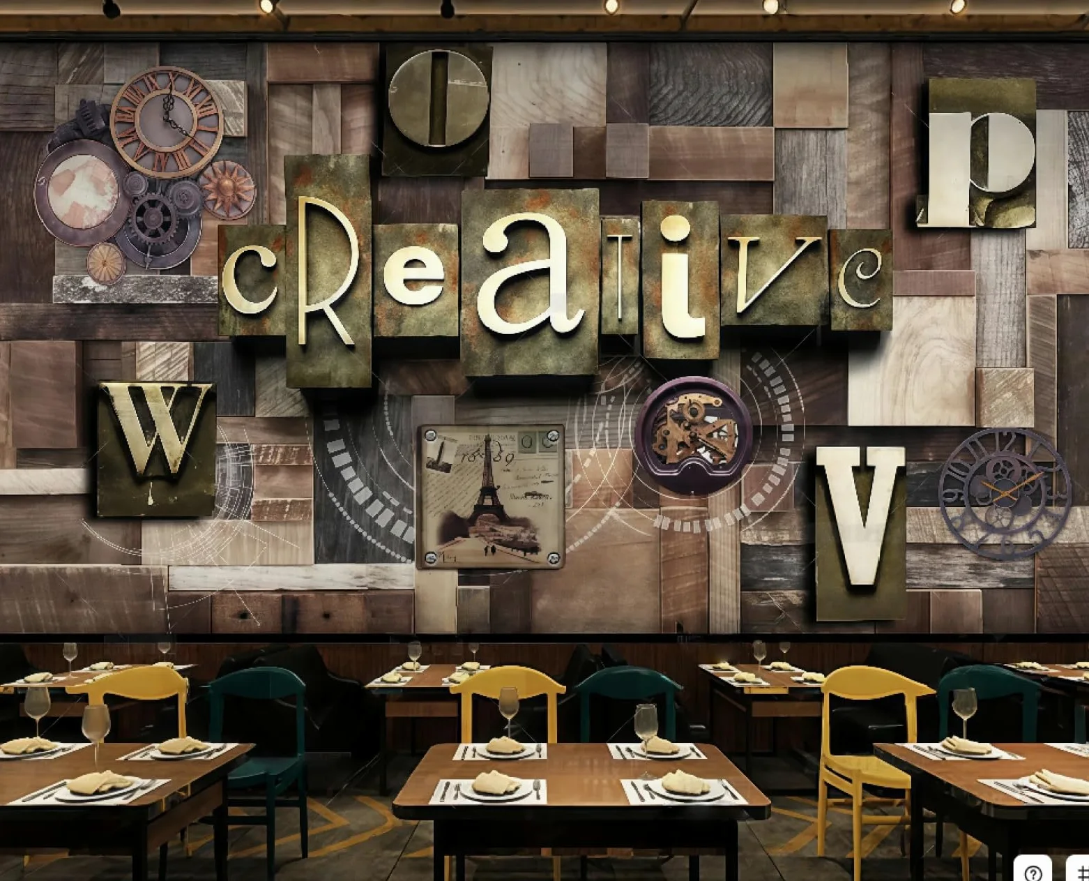 Tapeta retro drewniana deska trójwymiarowy metalowy zegar litery bar sklep z napojami zachodnia restauracja tło fototapeta popołudniowa herbata kawiarnia tapeta 3D, 250 x 175 cm