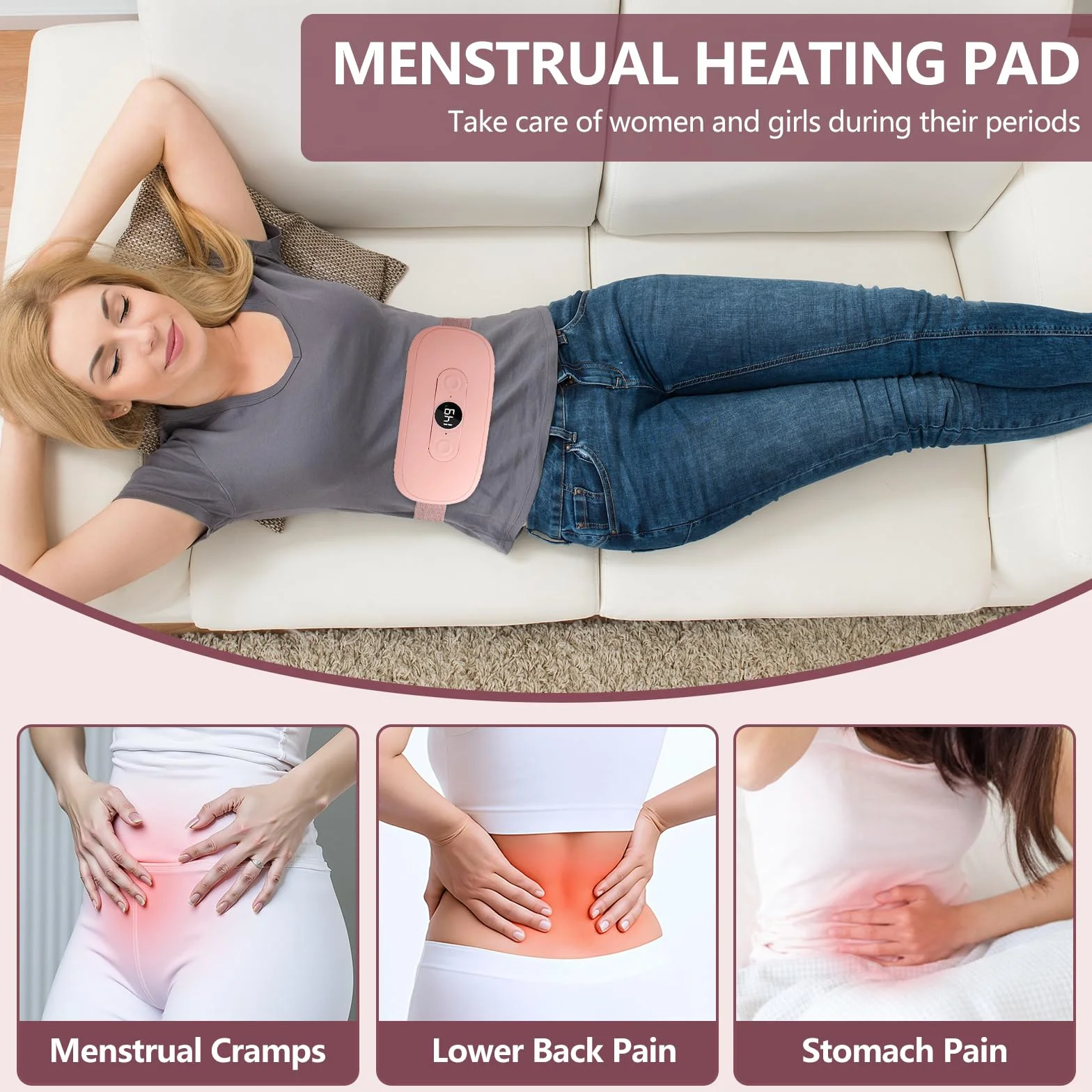 Menstruacyjna poduszka grzewcza, ogrzewany pas brzuszny podgrzewana poduszka do masażu, 6 poziomów temperatury 6 trybów masażu łagodzącego menstruacyjny ból brzucha (różowy)