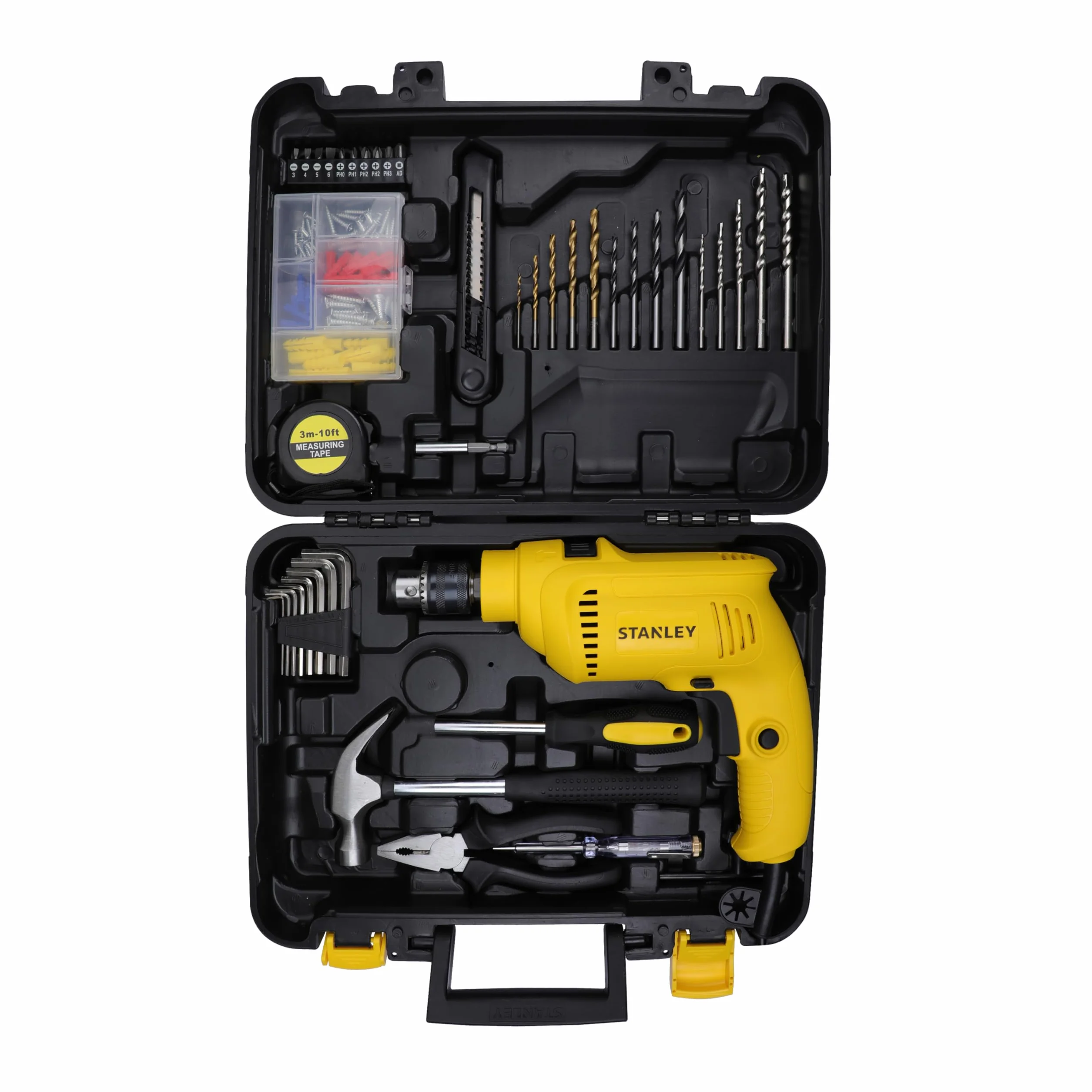 STANLEY SDH550KP 550 W 10 mm przewodowa wiertarka udarowa z pojedynczą prędkością i zestaw narzędzi ręcznych (120 sztuk) - zawiera wiertło udarowe, taśmę pomiarową, wiertła, młotek, 1 rok gwarancji,