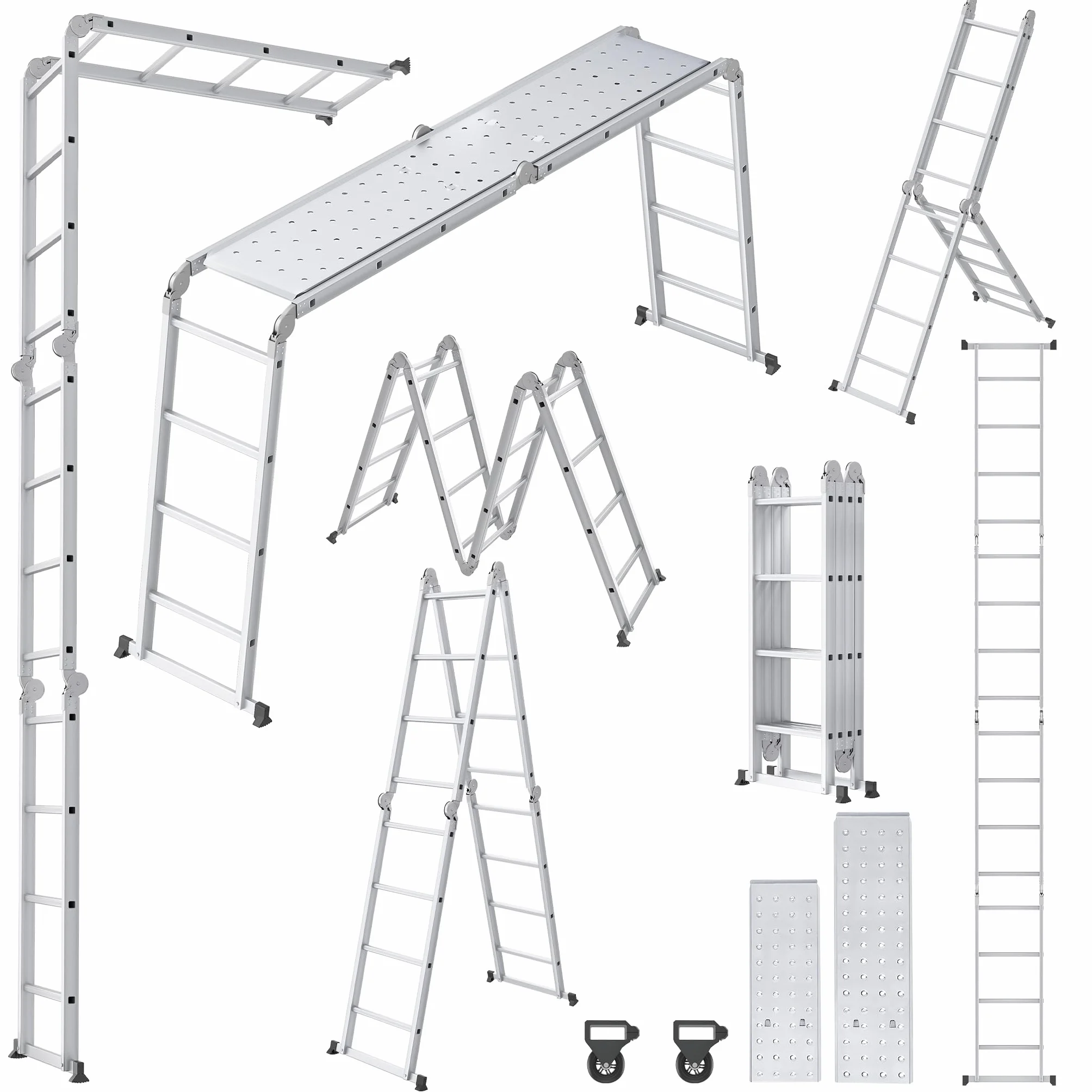 Froadp Wielofunkcyjna drabina 6 w 1, 4,7 m, składana, wielofunkcyjna, aluminiowa drabina do rusztowania, składana drabina robocza z 2 rolkami i platformą, wielofunkcyjna drabina łączona, obciążenie do