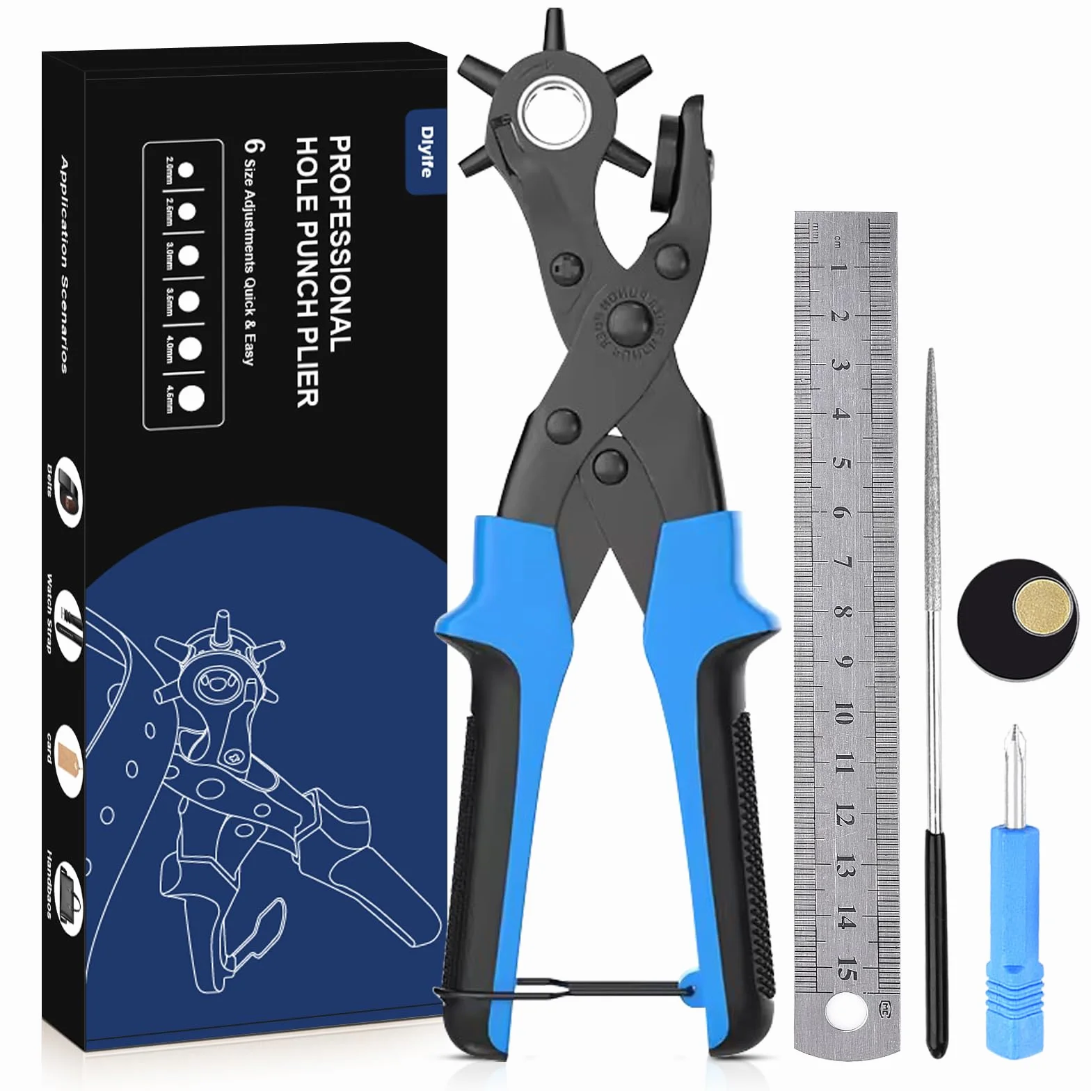 [Pełny Zestaw] Dziurkacz do Skóry, Diyife® Belt Punch, Heavy Duty Revolver Punch Pliers z 2 Dodatkowymi Płytkami i Linijką, Multi Sized Puncher do Pasów, Craft, Card, Rubber, itp.