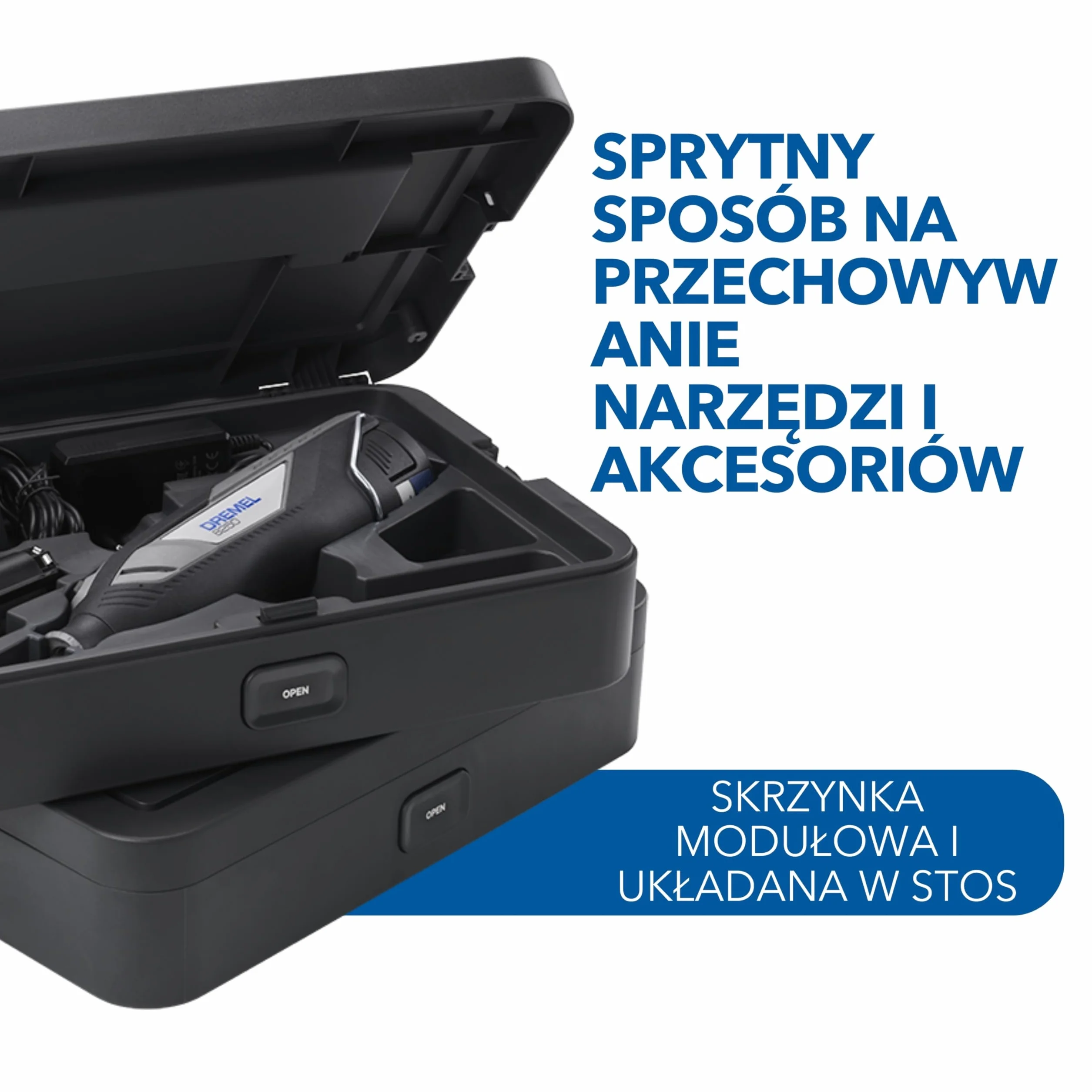Dremel Black Box Przechowywanie narzędzi z 6 przegródkami i uchwytem na akcesoria, Personalizowany organizer DIY do akcesoriów narzędzi obrotowych, kompaktowy i modułowy system przechowywania