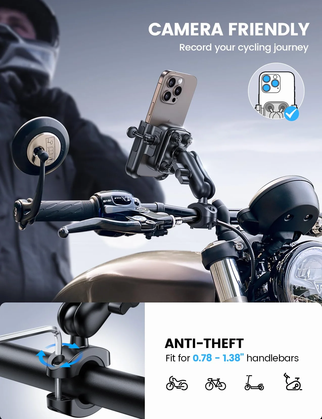 Lamicall Uchwyt na telefon dla motocykli[Podwójna antywstrząsowa]-[Całożelazny]Uchwyt telefon roweru,Przeciwdzbrodowski uchwyt moto wydłużalnym ramieniem, Przyjazny dla foto z iPhone, Galaxy, 4,7-7,2"
