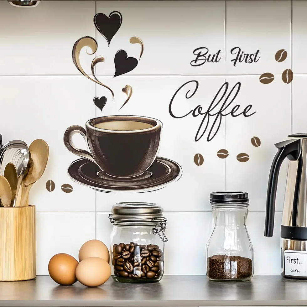 HGDESIGN® Tatuaż ścienny naklejka ścienna kawa czas But First Coffee Sowa Cappuccino Naklejka ścienna Dekoracja ścienna do kuchni jadalni (F)