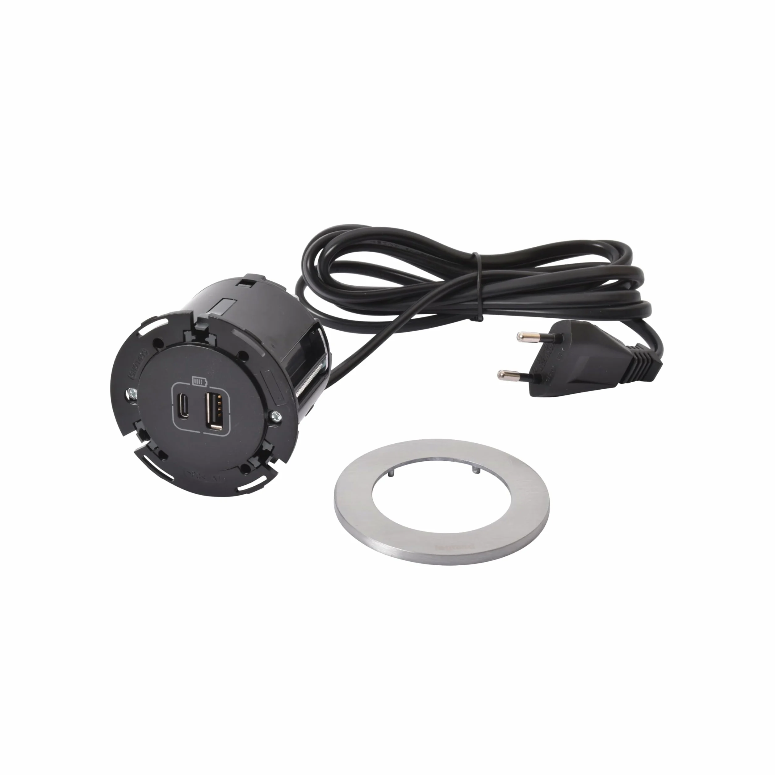 LEGRAND, Incara Disq 60, gniazdo ładowania USB A+C, gniazdko stołowe, gniazdo do zabudowy, ładowarka wielokrotna, 15 W, długość kabla 2 m, wtyczka 2P + E, kolor: czarny/metal, 654732