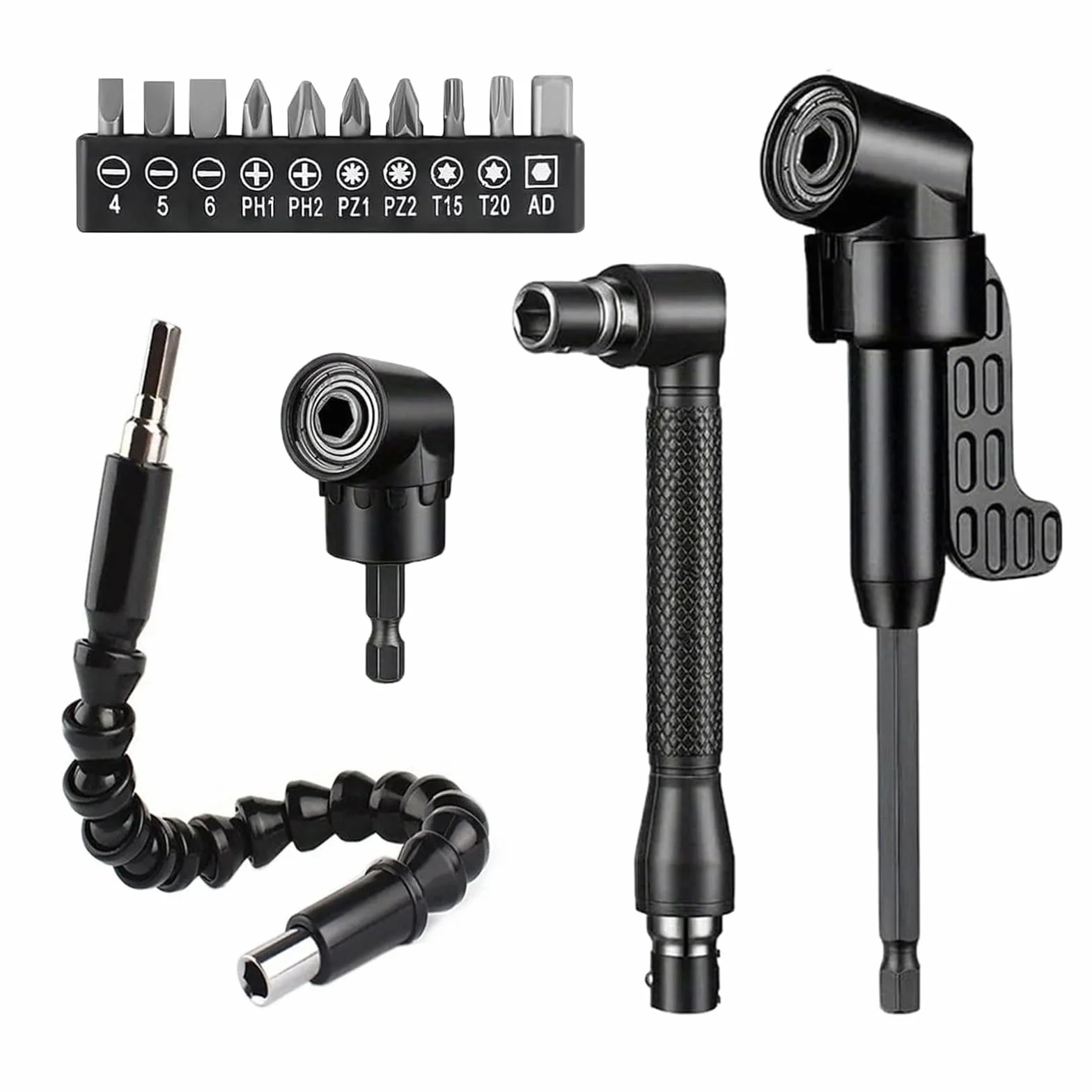 Adapter do wkrętarki kątowej 105°, 14 sztuk, zestaw nasadek kątowych do wkrętarki akumulatorowej z sześciokątnym trzonkiem 1/4", elastyczny uchwyt do bitów, nasadka do wiercenia kątowego dla