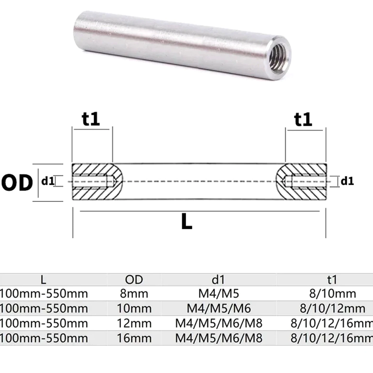 Prowadnice do szuflad z pełnym wysuwem 2 szt. Wałek liniowy OD8mm Długość 100-550mm z dwoma końcami gwintu M4/M5/M6 Głębokość otworu 8-16mm Chromowany, utwardzany pręt