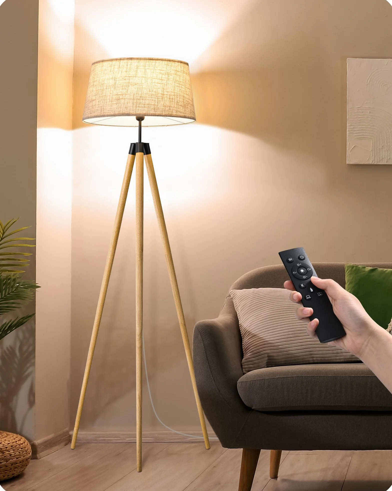 EDISHINE Lampa stojąca do salonu, ściemniana, lampa stojąca w stylu boho ze statywem z drewna, w zestawie żarówka LED E27 i pilot zdalnego sterowania, abażur w stylu vintage, lampa do czytania do