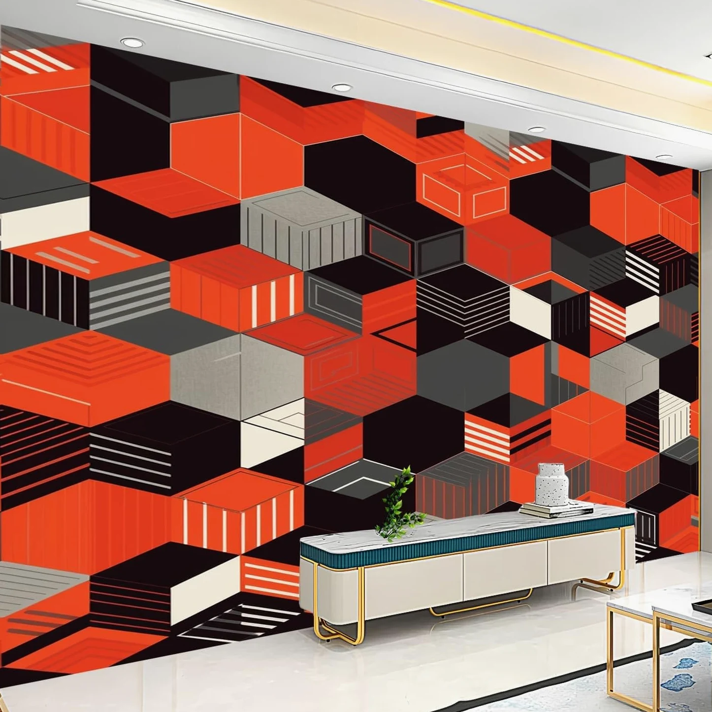Fototapeta nowoczesna geometria plaster miodu abstrakcyjny mural z włókniny gigantyczny plakat 300 x 210 cm kolor pomarańczowy tapeta do różnych pomieszczeń tapeta ścienna, modna fototapeta