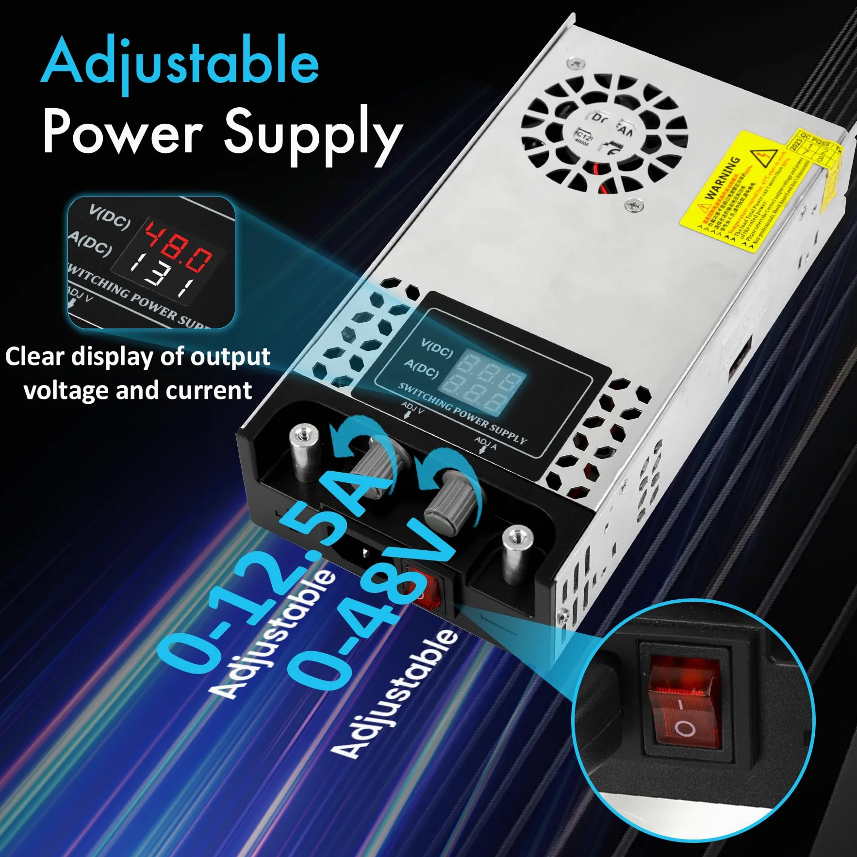 Regulowany zasilacz DC 0-48 V, 12,5 A, 600 W, 230 V AC do DC 0-48 V konwerter 0-12,5 A 600 W Transformator Zasilacz z wyświetlaczem LED, do taśm LED, do kamery CCTV Zasilanie